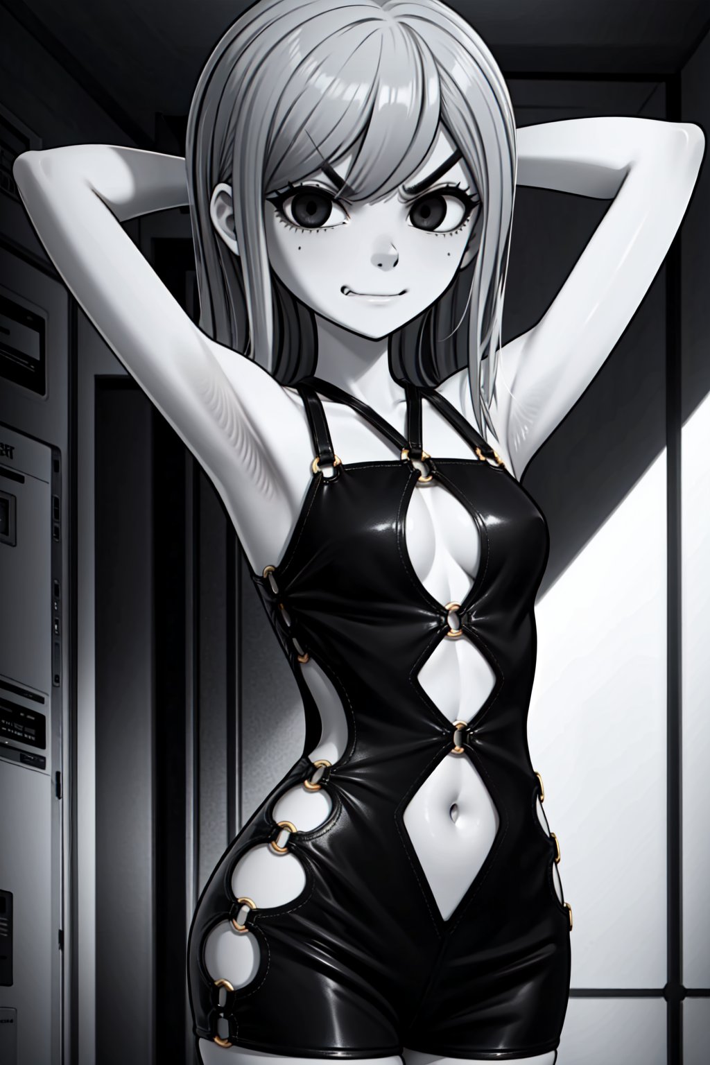 (1girl,solo,(GR_girl),monochome, long hair, (grey hair), tank top, shorts, dark, black eyes, (bodyconc, black dress, bare shoulders, o-ring, navel cutout, looking at viewer), horror \(theme\), happy, angry, arms behind head),