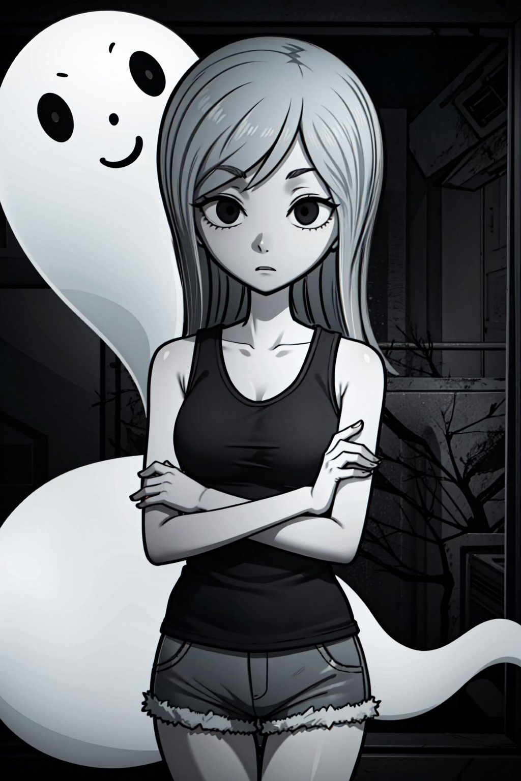 (1girl,solo,(GR_girl),monochome, long hair, (grey hair), tank top, shorts, dark, black eyes,  horror \(theme\), crossing arms,ghost background)