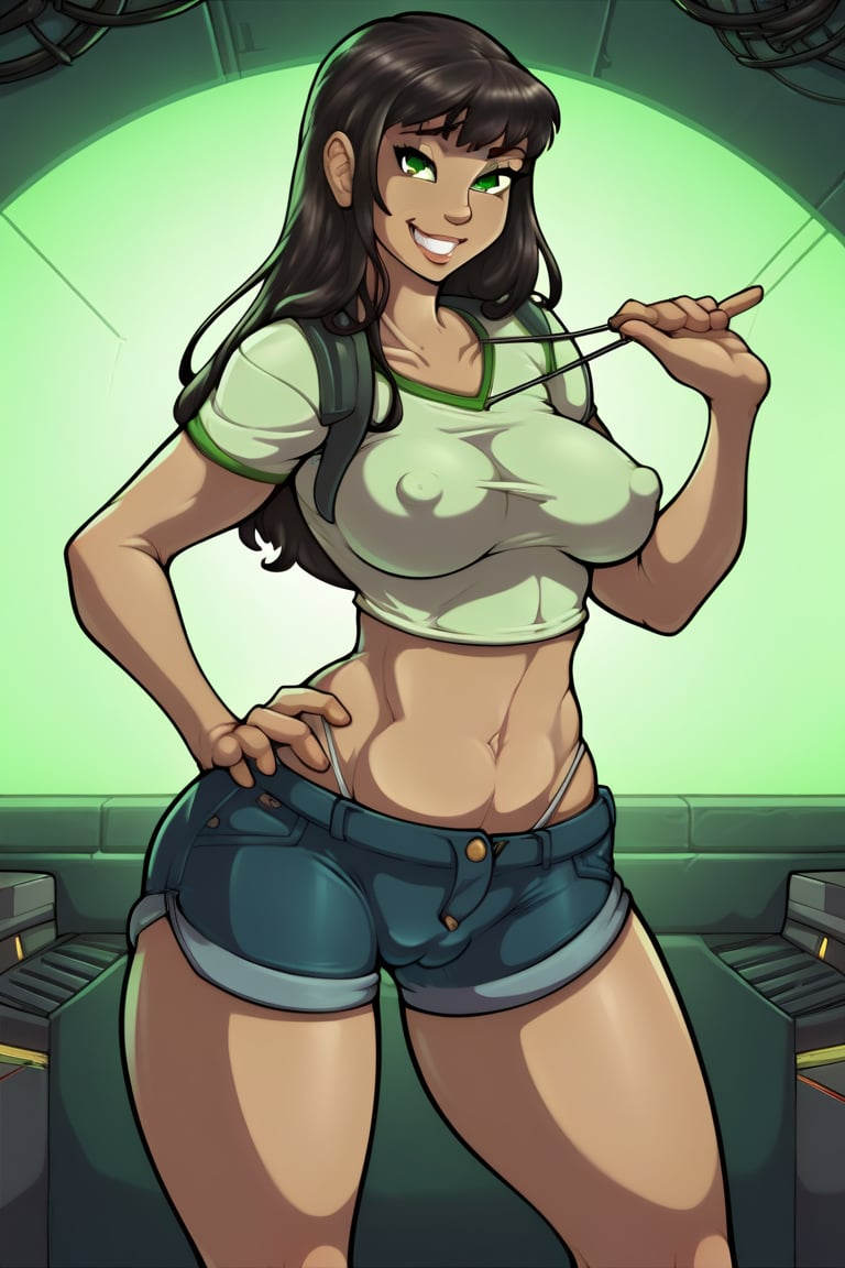 score_9, score_8_up, score_7_up, score_6_up, score_5_up, score_4_up, detailed background, 1girl, solo, full body, human, asian, black hair, long hair, crop top, short shorts, medium breasts, nipple outline, cameltoe, standing, smile, green eyes, hand on hip, teeth, lips, indoors, space station, science fiction