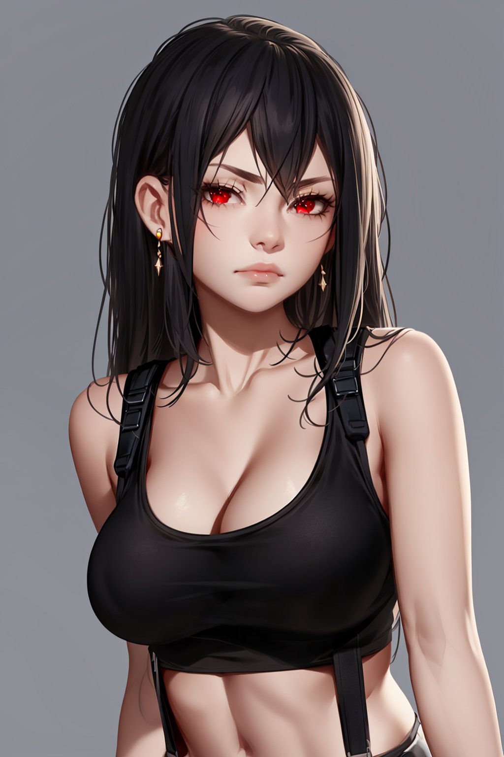 Aleriia_V_style_lora_by_niolas, 1girl, solo, long hair, looking at viewer, bangs, large breasts, shirt, black hair, red eyes, cleavage, bare shoulders, jewelry, closed mouth, collarbone, upper body, earrings, lips, eyelashes, suspenders, tank top, sports bra, nose<lora:EMS-310119-EMS:0.600000>