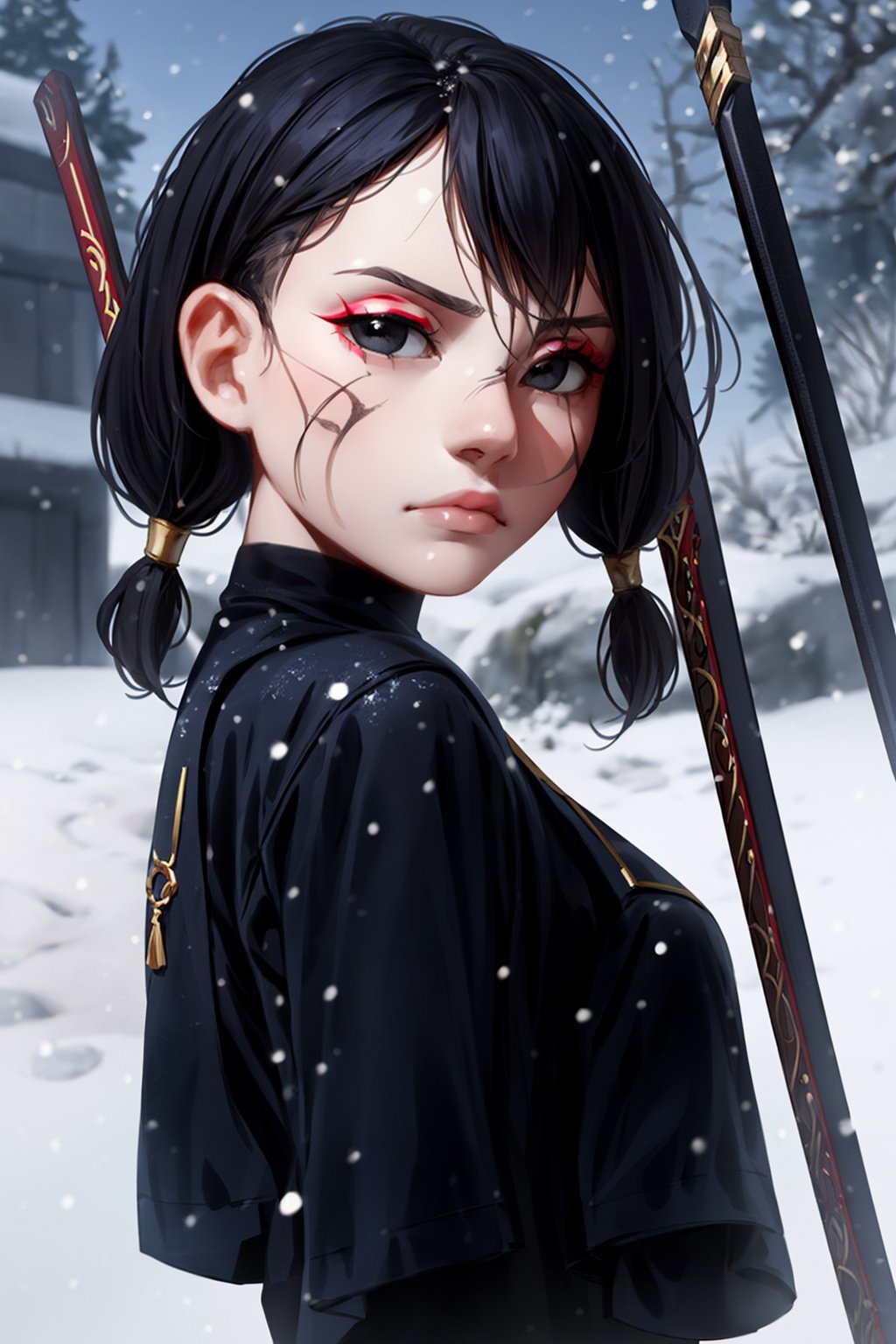 Aleriia_V_style_lora_by_niolas, 1girl, solo, looking at viewer, short hair, bangs, black hair, long sleeves, twintails, closed mouth, weapon, outdoors, sword, artist name, blurry, black eyes, from side, lips, black shirt, makeup, blurry background, snow, cropped jacket, snowing, hair tie<lora:EMS-310119-EMS:0.600000>