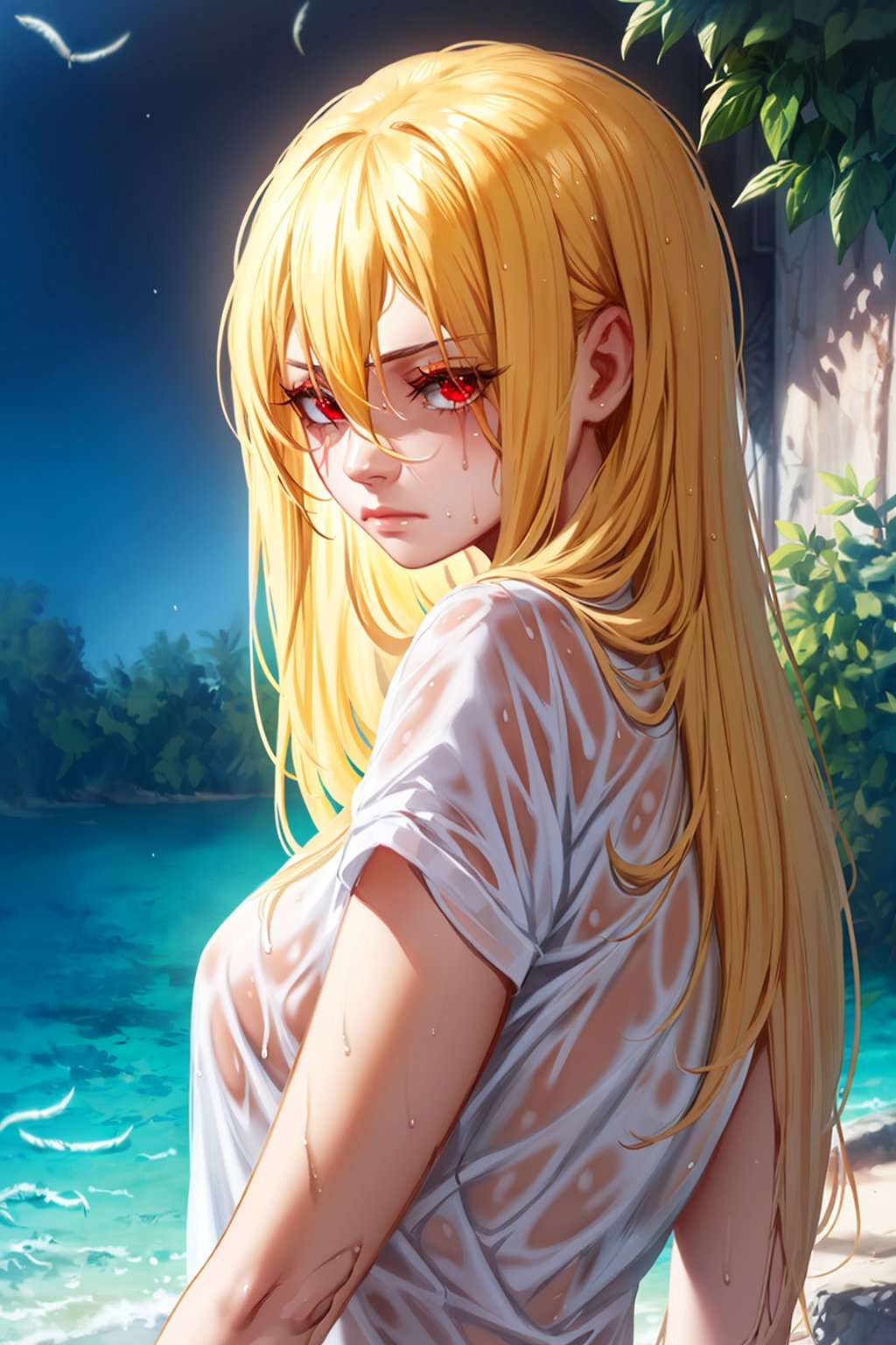 Aleriia_V_style_lora_by_niolas, 1girl, solo, long hair, looking at viewer, bangs, blonde hair, shirt, red eyes, hair between eyes, closed mouth, white shirt, upper body, wet, eyelashes, feathers, wet clothes, wet hair<lora:EMS-310119-EMS:0.600000>