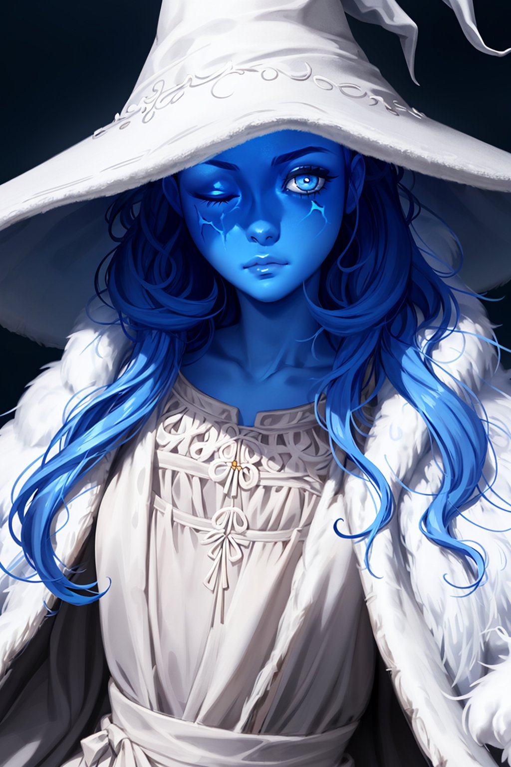 Aleriia_V_style_lora_by_niolas, 1girl, solo, long hair, looking at viewer, blue eyes, hat, dress, closed mouth, blue hair, one eye closed, white dress, lips, witch hat, colored skin, white headwear, cloak, blue skin, witch, cracked skin, fur cloak, extra faces<lora:EMS-310119-EMS:0.600000>