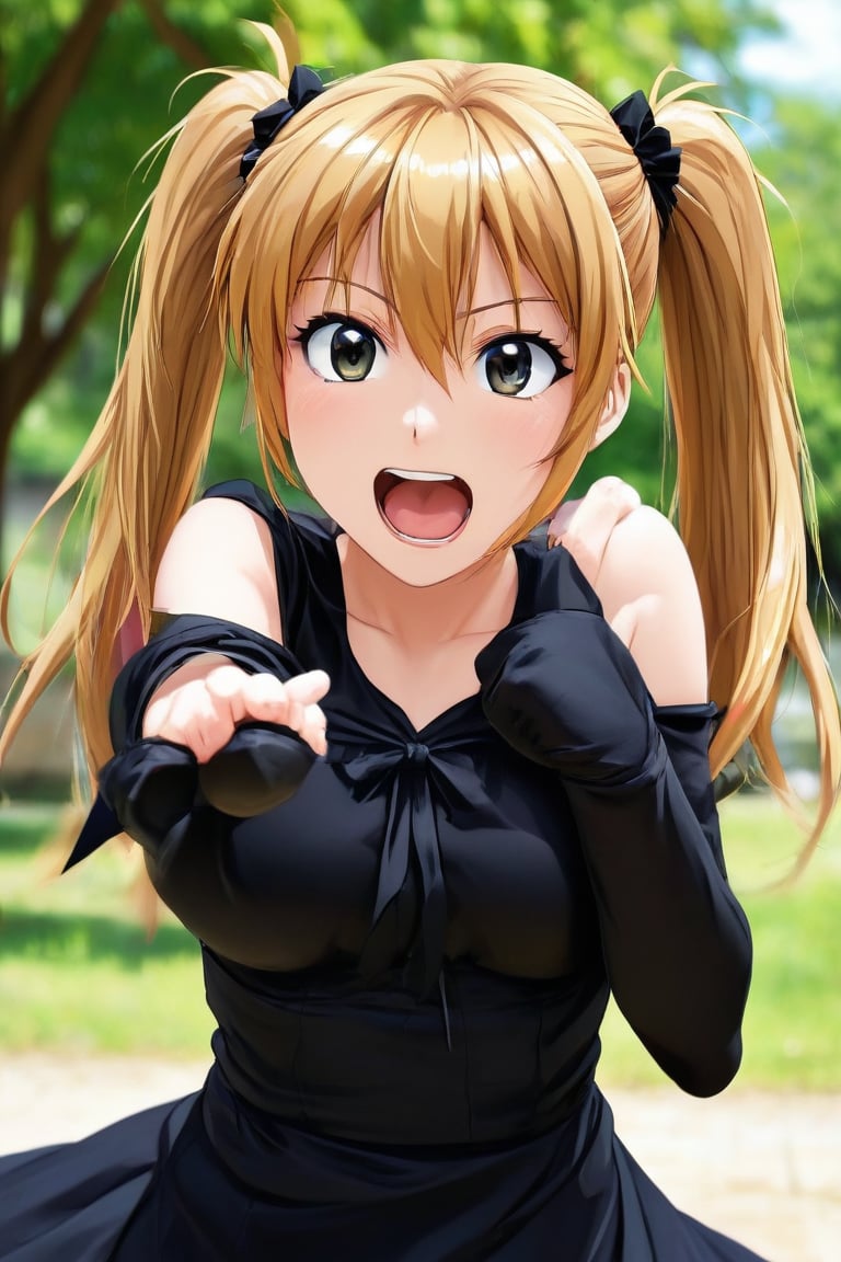 anime, 1girl, takamachi nanoha, small breasts,
twintails, black ribbon,
glaring, open mouth, 
black dress, punching viewer, blurry, 
outdoors, close-up,