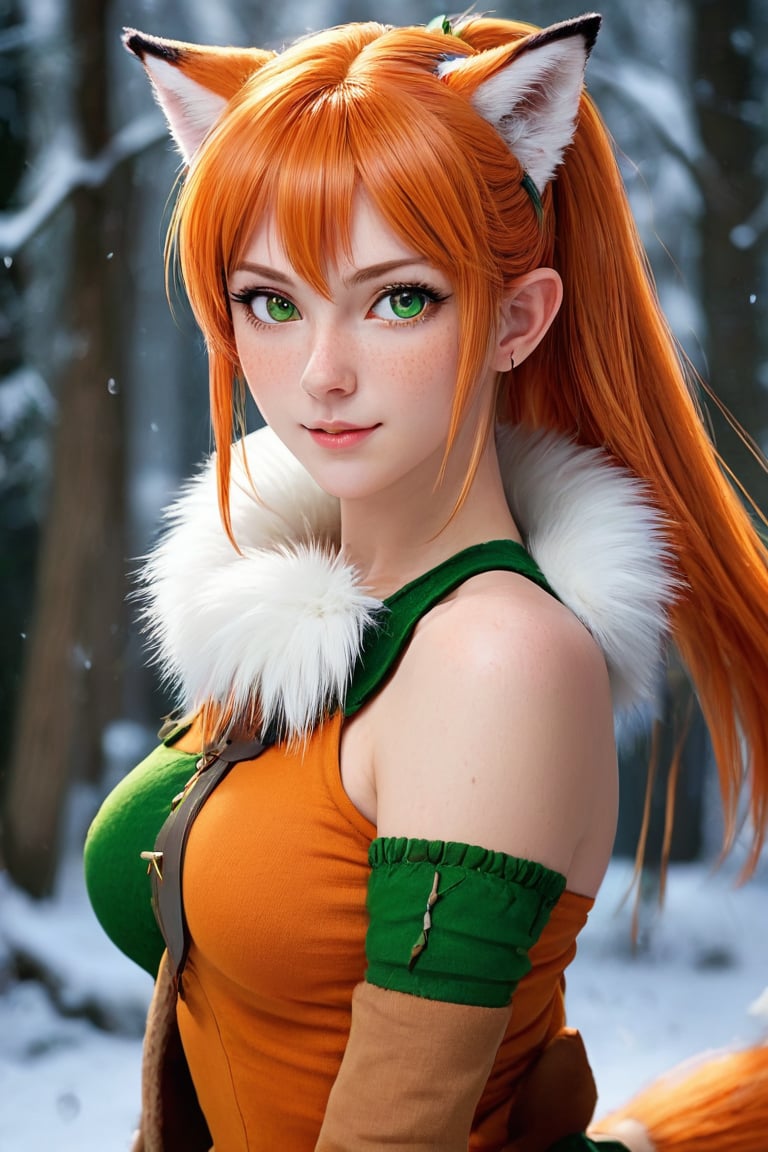 best quality, masterpiece, 4k, uncensored, prefect lighting, rating_explicit, very aesthetic, anime BREAK, elf ears, fox tail, fur collar, ponytail, orange hair, green eyes, freckles, (mautere woman),  medium breasts, (narrow waist:0.5), detailed eyes,  different poses