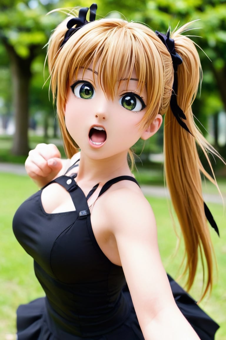 anime, 1girl, takamachi nanoha, small breasts,
twintails, black ribbon,
glaring, open mouth, 
black dress, punching viewer, blurry, 
outdoors, close-up,