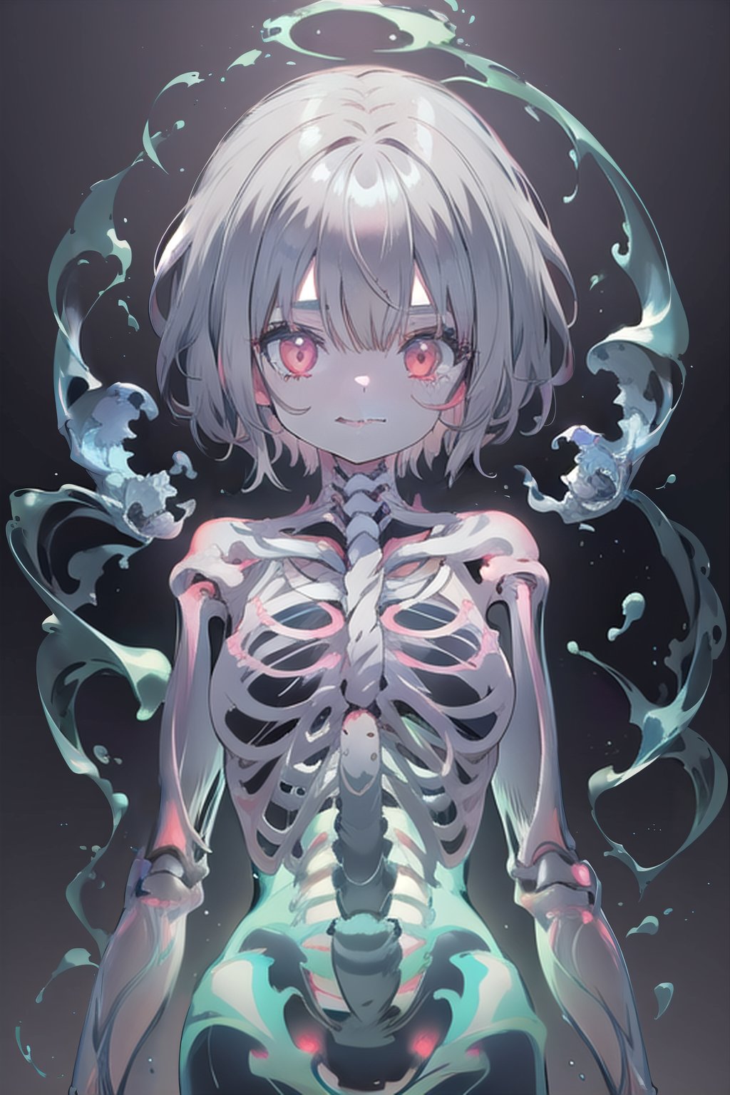 1girl, grey hair, smile, solo, glowing skeleton, glowing veins, glowing, glowing eyes, aura, skeleton 
