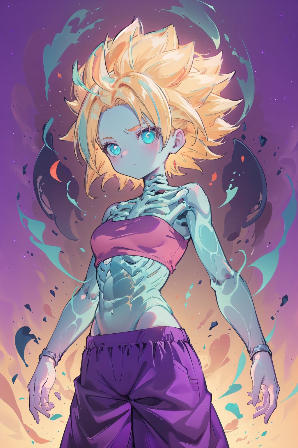 ssjcaulifla, blonde hair, aqua eyes, tube top, purple pants, bracers, 1girl, solo, glowing skeleton, glowing veins, glowing, glowing eyes, aura, skeleton, glowing yellow, ((red colors)), ((glowing red))
