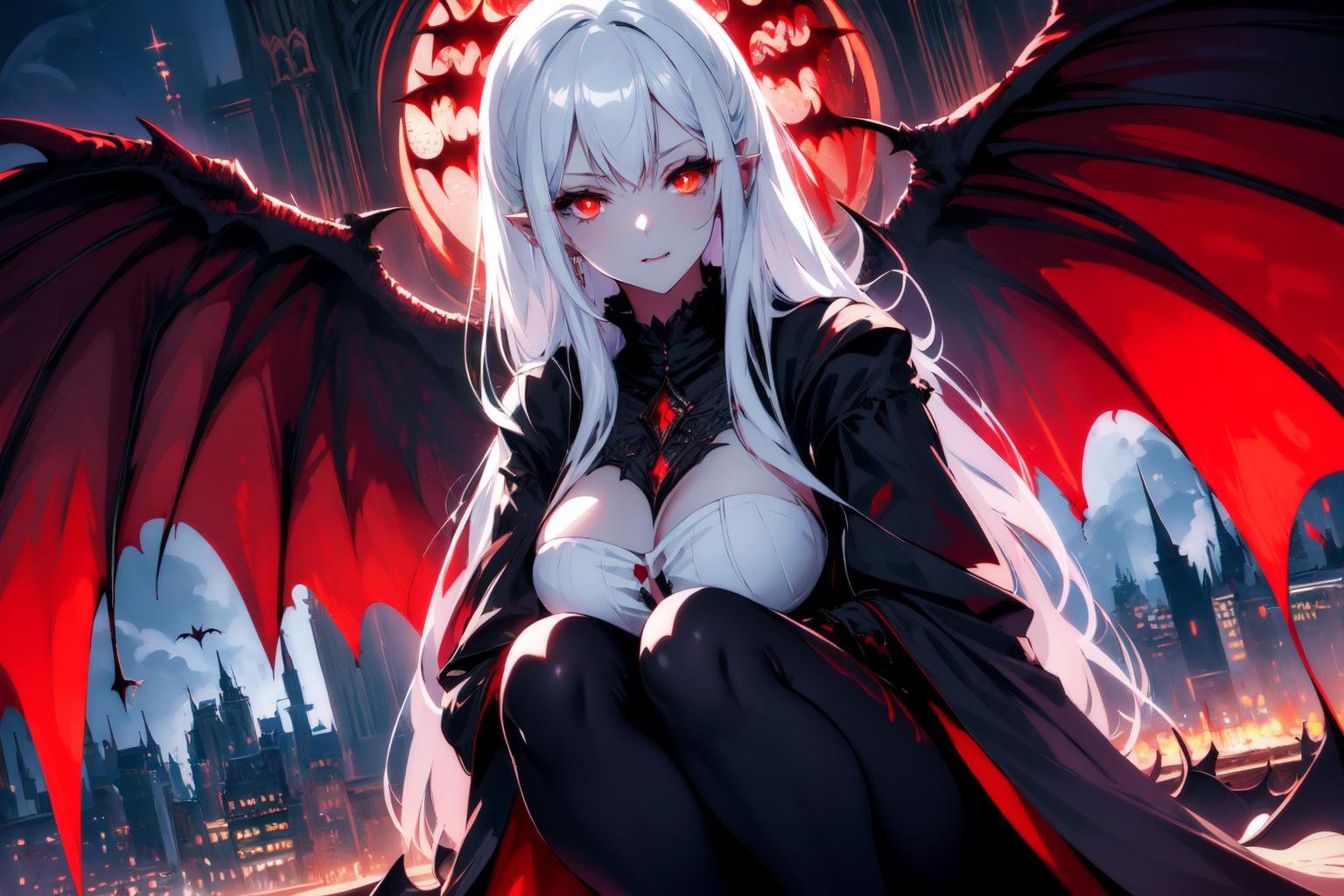 beautiful eyes, beautiful girl, high detail skin, high detail eyes, high detail hair, highres, ultra detailed, sharpen picture, Highly detailed, masterpiece, best quality, photorealistic, <lora:VampireLoRA:1> vampire, teeth fangs:1.2, a woman, wings, glowing red eyes, squatting on the edge of an tall building, city in background, at night