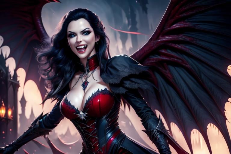 beautiful eyes, beautiful girl, high detail skin, high detail eyes, high detail hair, highres, ultra detailed, sharpen picture, Highly detailed, masterpiece, best quality, photorealistic, <lora:VampireLoRA:1> vampire, teeth fangs:1.2, a woman, wings, glowing red eyes,standing in front of a chimney, bats, gold red dress