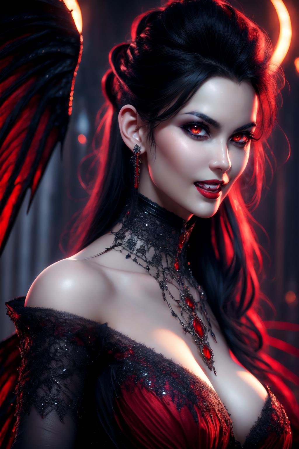 beautiful eyes, beautiful girl, high detail skin, high detail eyes, high detail hair, highres, ultra detailed, sharpen picture, Highly detailed, masterpiece, best quality, photorealistic, <lora:VampireLoRA:1> vampire, teeth fangs:1.2, a woman, wings, glowing red eyes,standing in front of a chimney, bats, gold red dress