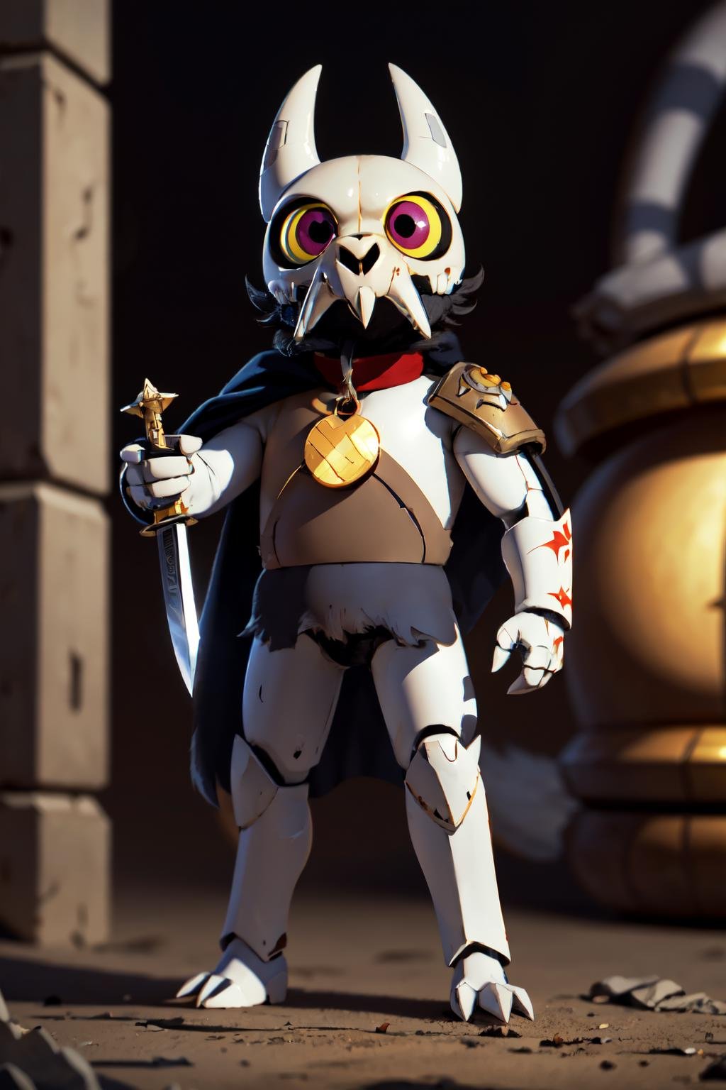 beautiful eyes, high detail skin, high detail eyes, high detail hair, highres, ultra detailed, sharpen picture, Highly detailed, masterpiece, best quality, photorealistic,   <lora:ClawthorneLoRA:0.8>1boy, skull helmet, teeth, pokemon (creature), colored sclera, red collar with circle pet tag, claws, tail,  standing on a street,   <lora:Warhammer_40K_-_Space_Marines_-_White_Scars:0.2> warhammer 40k, white scars, space marines, white power armor, full body, solo, white scars emblem, bald, long hair, sword, scar, helmet, holding sword, mustache, chin beard, standing, simple background, curved sword, topknot, cape, loincloth, action, damaged, upper body