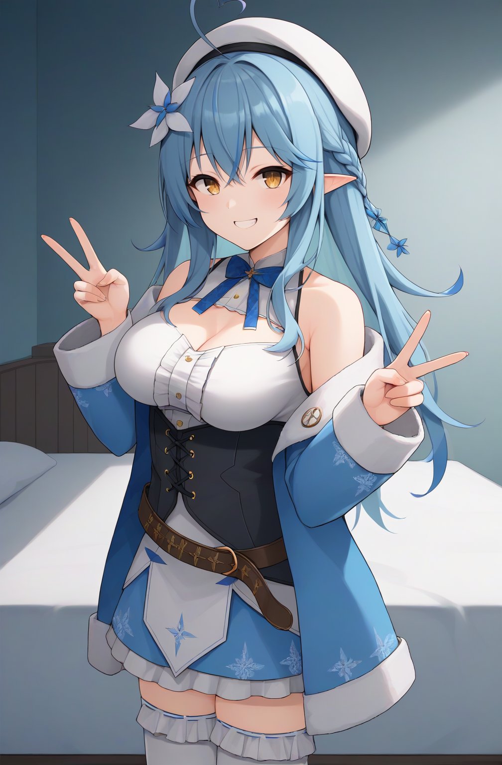 score_9, BREAK source_anime, (absurdres, masterpiece, high quality), 1girl, lamydef, hair flower, beret, sleeveless shirt, frilled skirt, blue bowtie, frilled thighhighs, corset, fur-trimmed coat, belt, BREAK (bedroom, v, peace sign, smile,) more detail XL,