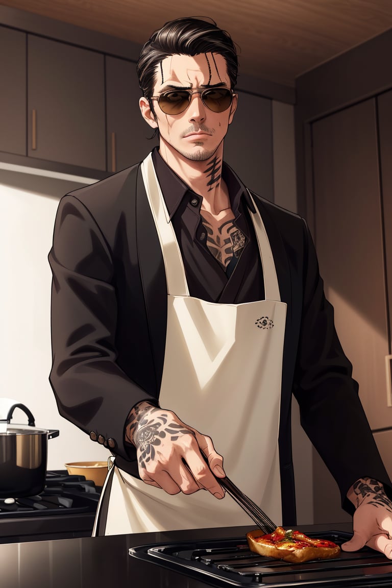 solo male, Tatsu, Japanese, househusband, yakuza, tattoos on body, black hair, slicked back hair, stubble, dark brown eyes, scar on face, casual-formal wear, dark collared shirt, black jacket, long sleeves , black pants, cream-colored apron with Shiba Inu print, (aviator sunglasses), black shoes, toned male, mature, handsome, charming, alluring, standing, upper body, perfect anatomy, perfect proportions, best quality, masterpiece, high_resolution, dutch angle, cowboy shot, photo background, modern bright kitchen, pov, sunlight, bright background, cooking, (perfect hands, perfect fingers), hands up