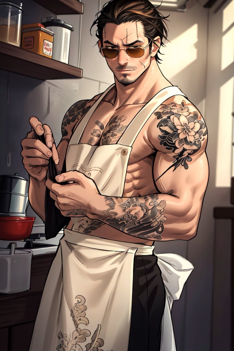 solo male, Tatsu, Japanese, househusband, yakuza, tattoos on body, black hair, slicked back hair, stubble, dark brown eyes, scar on face, topless, bare neck, bare shoulder, bare arms, bare waist, black pants, (cream-colored apron, naked apron), (aviator sunglasses), black shoes, toned male, mature, handsome, charming, alluring, smirk, upper body, perfect anatomy, perfect proportions, best quality, masterpiece, high_resolution, dutch angle, photo background, modern kitchen, wearing kitchen_apron