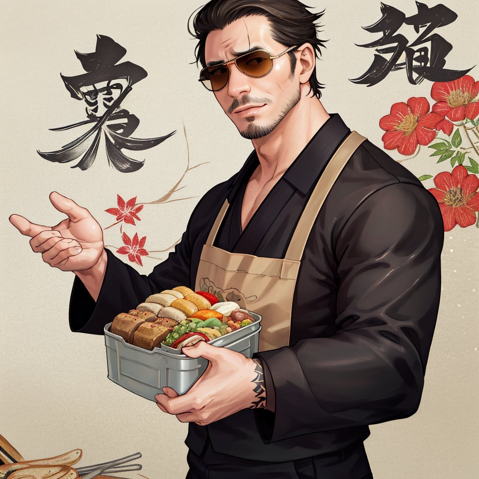 solo male, Tatsu, Japanese, househusband, yakuza, tattoos on body, black hair, slicked back hair, stubble, dark brown eyes, scar on face, casual-formal wear, dark collared shirt, black jacket, long sleeves, black pants, cream-colored apron, (aviator sunglasses), black shoes, toned male, mature, handsome, charming, alluring, smirk, (holding bento, Japanese-style packed lunch), delicious food, upper body, perfect anatomy, perfect proportions, best quality, masterpiece, high_resolution, dutch angle, photo background, modern bright kitchen, pov, sunlight, bright background, (perfect hands, perfect fingers:1.1), (Hands:1.1), better_hands