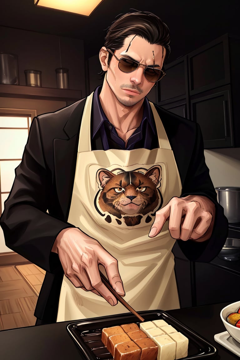 solo male, Tatsu, Japanese, househusband, yakuza, tattoos on body, black hair, slicked back hair, stubble, dark brown eyes, scar on face, casual-formal wear, dark collared shirt, black jacket, long sleeves , black pants, cream-colored apron with Shiba Inu print, aviator sunglasses, black shoes, toned male, mature, handsome, charming, alluring, standing, upper body, perfect anatomy, perfect proportions, best quality, masterpiece, high_resolution, dutch angle, cowboy shot, photo background, kitchen, pov