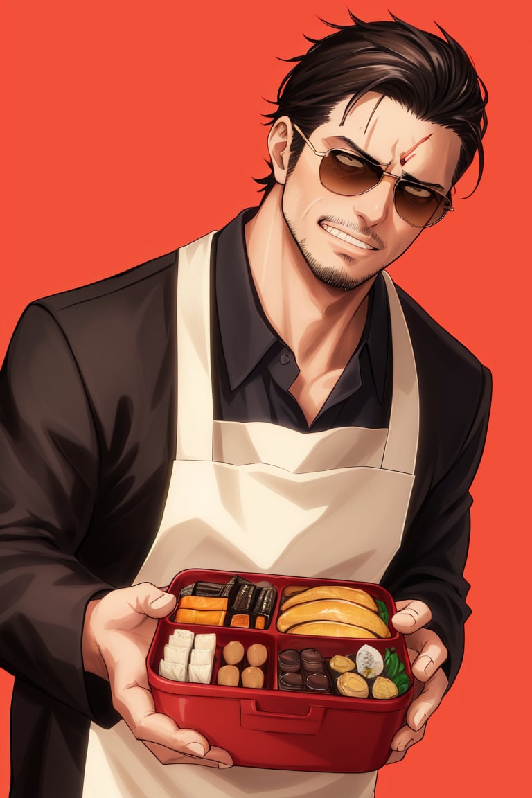 solo male, Tatsu, Japanese, househusband, yakuza, tattoos on body, black hair, slicked back hair, stubble, dark brown eyes, scar on face, casual-formal wear, dark collared shirt, black jacket, long sleeves , black pants, cream-colored apron with Shiba Inu print, (aviator sunglasses), black shoes, toned male, mature, handsome, charming, alluring, grin, (holding bento, Japanese-style packed lunch), upper body, perfect anatomy, perfect proportions, best quality, masterpiece, high_resolution, dutch angle, photo background, modern bright kitchen, pov, sunlight, bright background, , (perfect hands, perfect fingers), hands up