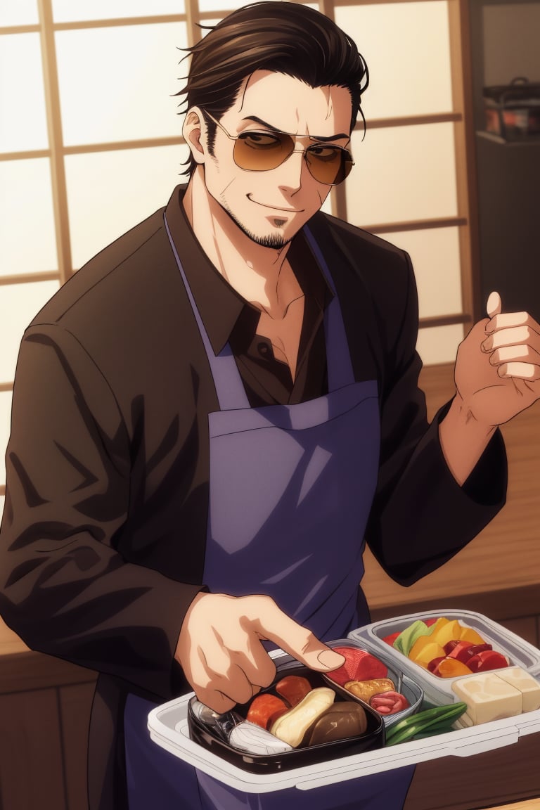 solo male, Tatsu, Japanese, househusband, yakuza, tattoos on body, black hair, slicked back hair, stubble, dark brown eyes, scar on face, casual-formal wear, dark collared shirt, black jacket, long sleeves , black pants, cream-colored apron with Shiba Inu print, (aviator sunglasses), black shoes, toned male, mature, handsome, charming, alluring, smirk, (holding bento, Japanese-style packed lunch), upper body, perfect anatomy, perfect proportions, best quality, masterpiece, high_resolution, dutch angle, photo background, modern bright kitchen, pov, sunlight, bright background, , (perfect hands, perfect fingers)