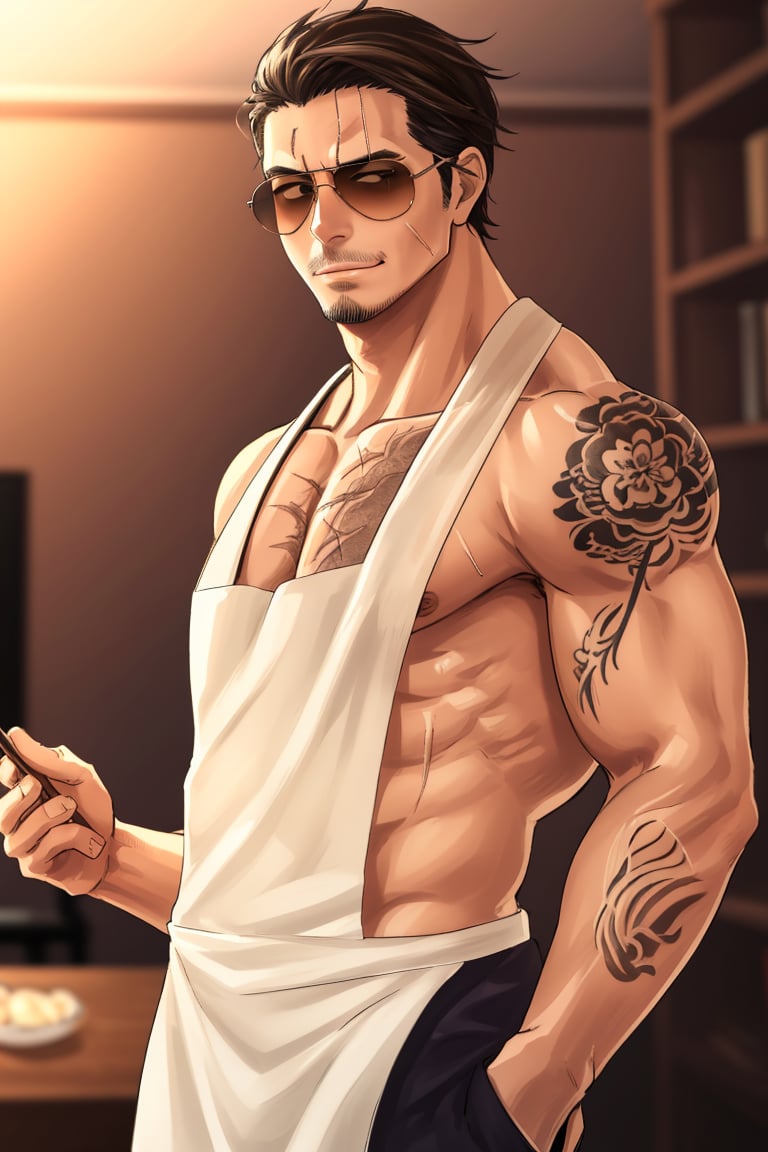 solo male, Tatsu, Japanese, househusband, yakuza, tattoos on body, black hair, slicked back hair, stubble, dark brown eyes, scar on face, topless, bare neck, bare shoulder, bare arms, bare waist,  black pants, (cream-colored apron, naked apron), (aviator sunglasses), black shoes, toned male, mature, handsome, charming, alluring, smirk, upper body, perfect anatomy, perfect proportions, best quality, masterpiece, high_resolution, dutch angle, photo background, modern living room