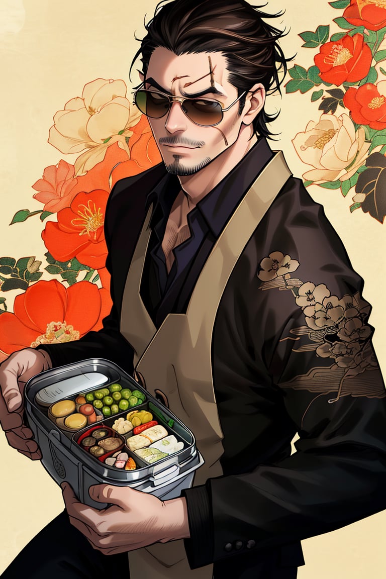 solo male, Tatsu, Japanese, househusband, yakuza, tattoos on body, black hair, slicked back hair, stubble, dark brown eyes, scar on face, casual-formal wear, dark collared shirt, black jacket, long sleeves, black pants, cream-colored apron with Shiba Inu print, (aviator sunglasses), black shoes, toned male, mature, handsome, charming, alluring, smirk, (holding bento, Japanese-style packed lunch), delicious food, upper body, perfect anatomy, perfect proportions, best quality, masterpiece, high_resolution, dutch angle, photo background, modern bright kitchen, pov, sunlight, bright background, (perfect hands, perfect fingers:1.1), (Hands:1.1), better_hands