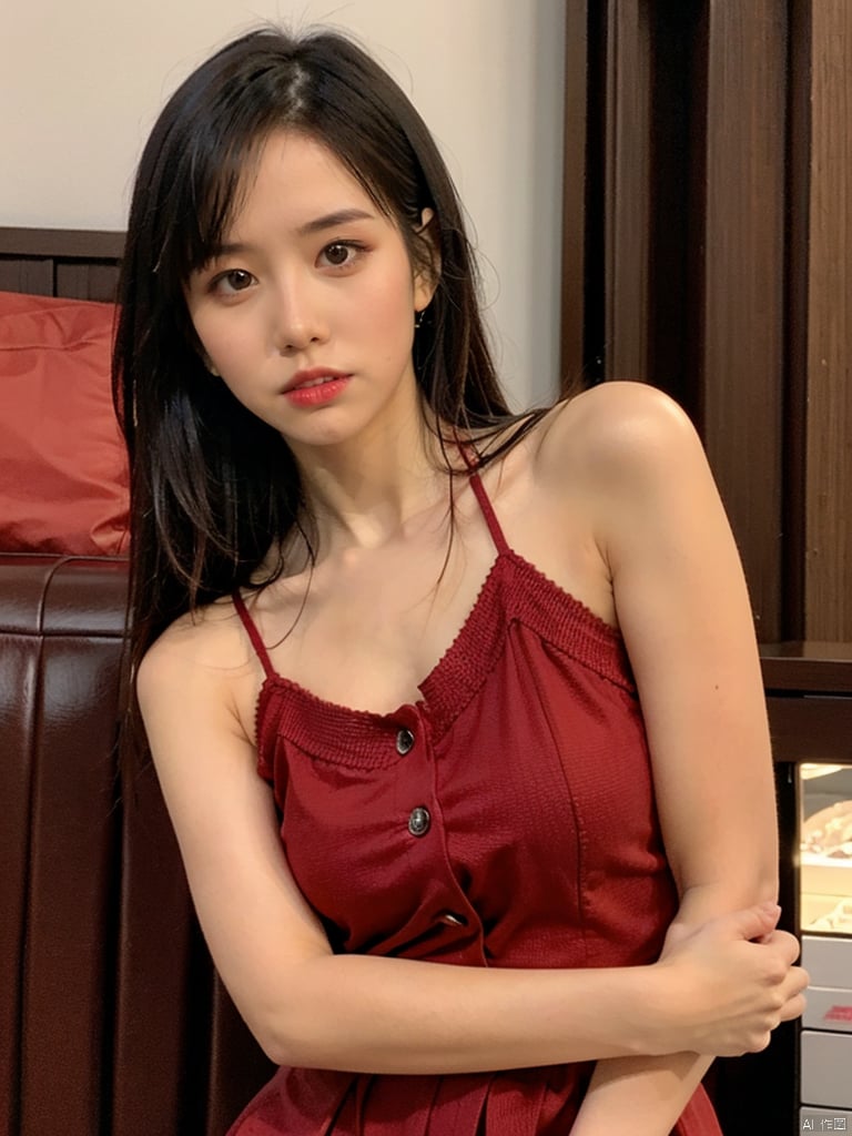  1, 1girl, long hair, brown hair, solo, dress, brown eyes, looking at viewer, holding, red dress, parted lips, bare shoulders, indoors, lips, upper body, sleeveless