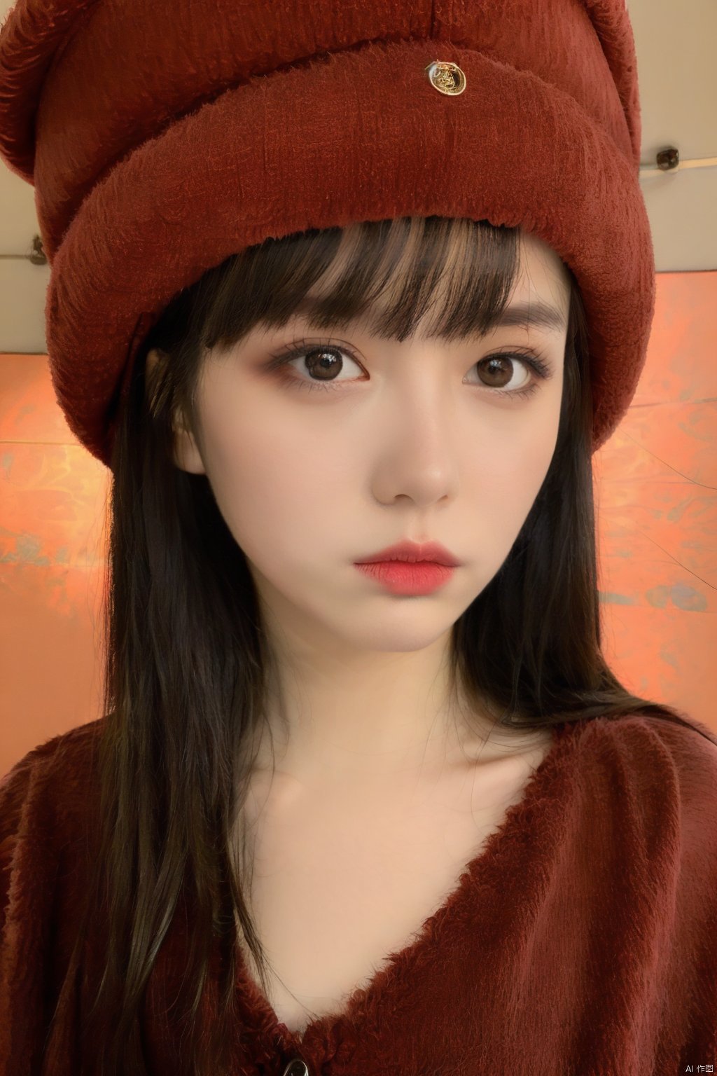  masterpiece, best quality, 1girl, red background, black hair, Long curly hair, face front, ((red fashion silk lone costume with red swirling vortexes pattern)), ((Red Plush Fur Hat)), emotional face, (close up portrait), make up, studio light, studio, ((poakl)), poakl ggll girl