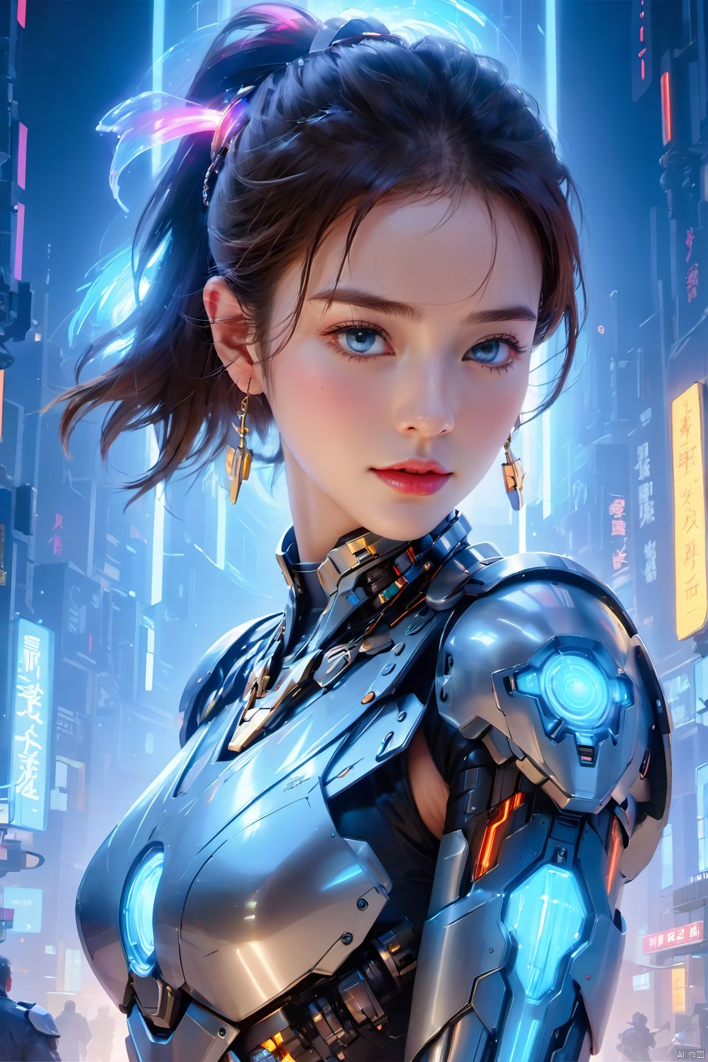  (masterpiece, best quality:1.5), （best quality：1.3）,（masterpiece：1.2）,16k,level picture quality,future technology,1girl,blue eyes,breasts,cleavage,collarbone,earrings,glowing,jewelry,lips,looking at viewer,parted lips,realistic,Chest Glow,Silver all metal mecha,science fiction,short hair,solo,full body,Mecha,Hard surface,Streamlined mecha,Realistic materials,Mechanical necklace,Glowing mecha,Multi light source mecha, 1girl,A cyberpunk girl