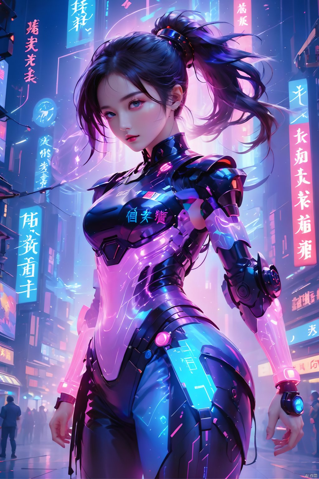 (masterpiece, best quality: 1.2) , 16K, horizontal image quality, technology of the future, 1girl, (side squat: 1.3) , glowing clothing, multi-line light on body, multi-light on body, glowing text on body, chinese Chun-Li in a cyberpunk-style mech suit, meatball head, (glowing electronic screen) , (electronic message flow: 1.3) , holographic projection, (glowing electronic screen on ARM: 1.2) , glowing text on thigh, (girl pose: 1.2) , glowing electronic shoes, body, colored smoke, city blocks, skyscrapers, neon signs,