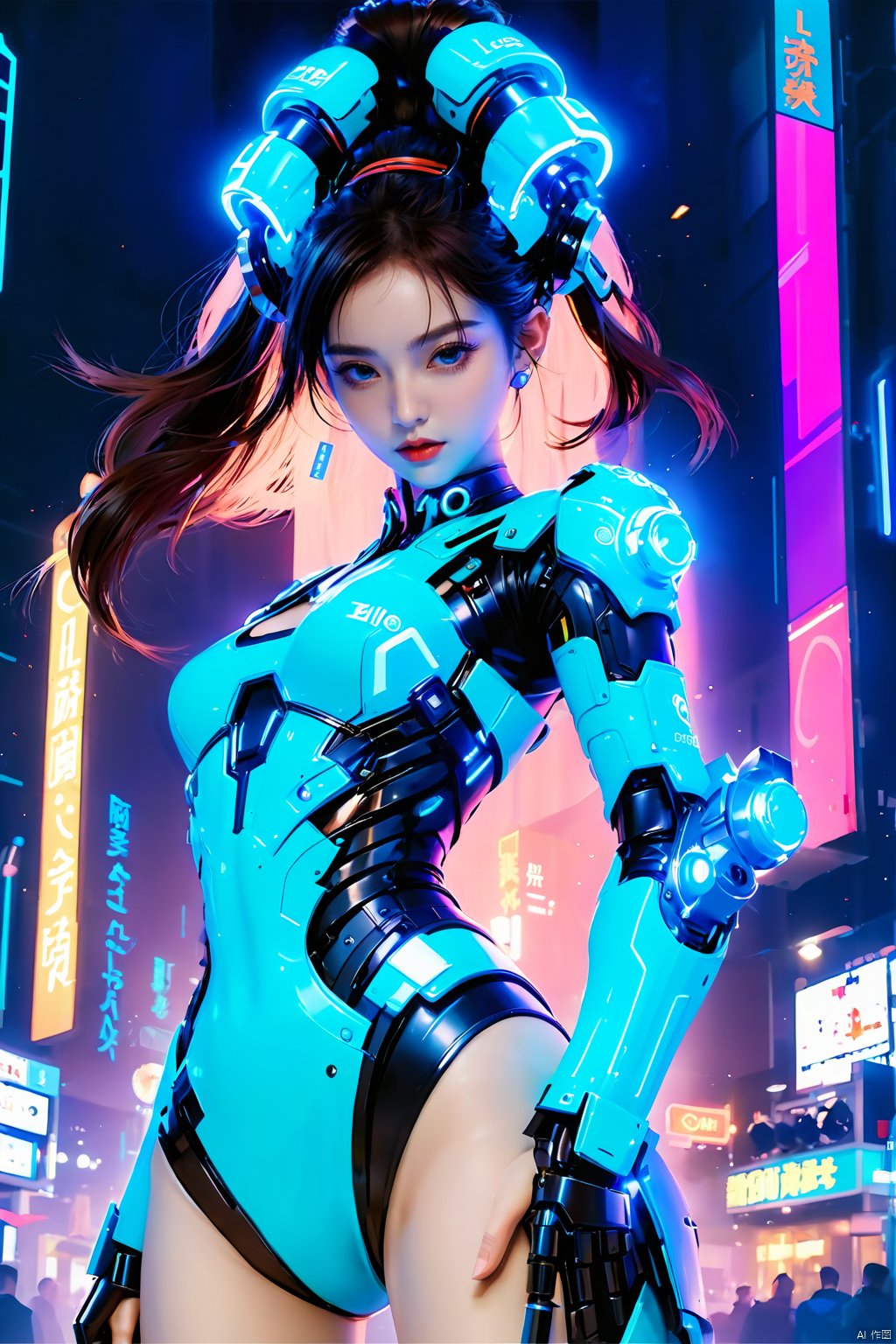 (masterpiece, best quality: 1.2) , 16K, 1girl, dynamic posture, VR, bioluminescent clothing, bioluminescent body, bioluminescent clothing, bioluminescent body text, armor, bioluminescent precision robotic arm, Mecha, (large area mech: 1.5) , glowing Metal headband, mechanical collar, metal bracelet, (Girl Pose: 1.2) , colored smoke,  glow, cyberpunk girl