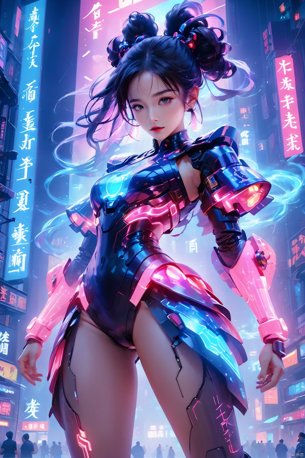 (masterpiece, best quality: 1.2) , 16K, horizontal image quality, technology of the future, 1girl, (side squat: 1.3) , glowing clothing, multi-line light on body, multi-light on body, glowing text on body, chinese Chun-Li in a cyberpunk-style mech suit, meatball head, (glowing electronic screen) , (electronic message flow: 1.3) , holographic projection, (glowing electronic screen on ARM: 1.2) , glowing text on thigh, (girl pose: 1.2) , glowing electronic shoes, body, colored smoke, city blocks, skyscrapers, neon signs,