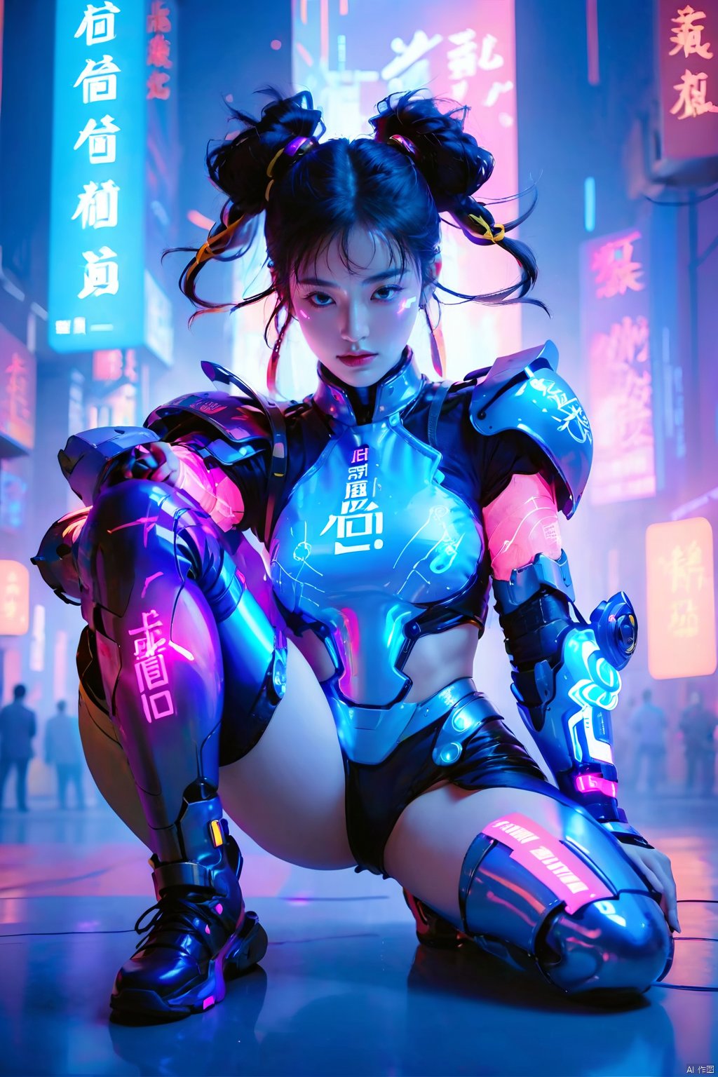  (masterpiece, best quality: 1.2) , 16K, horizontal image quality, future technology, 1girl, dynamic pose, glowing clothing, multi-line light on body, multi-light clothing, chinese Chun-Li in a cyberpunk-style mech suit, meatball head, (glowing electronic screen) , (electronic message flow: 1.3) , holographic projection, (glowing electronic screen on ARM: 1.2) , glowing text on thigh, (girl pose: 1.2) , glowing e-shoes, (body: 1.2) , colored smoke, city blocks, cyberpunk city background, glow, neon,