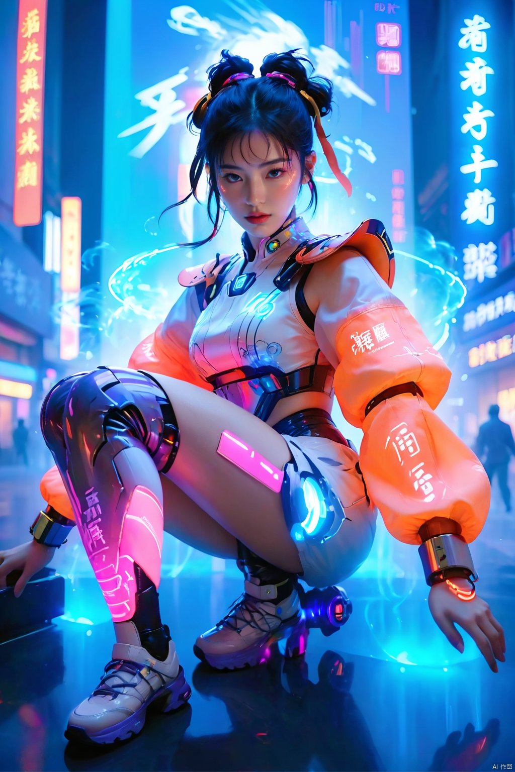  (masterpiece, best quality: 1.2) , 16K, horizontal image quality, future technology, 1girl, dynamic pose, glowing clothing, multi-line light on body, multi-light clothing, chinese Chun-Li in a cyberpunk-style mech suit, meatball head, (glowing electronic screen) , (electronic message flow: 1.3) , holographic projection, (glowing electronic screen on ARM: 1.2) , glowing text on thigh, (girl pose: 1.2) , glowing e-shoes, (body: 1.2) , colored smoke, city blocks, cyberpunk city background, glow, neon,