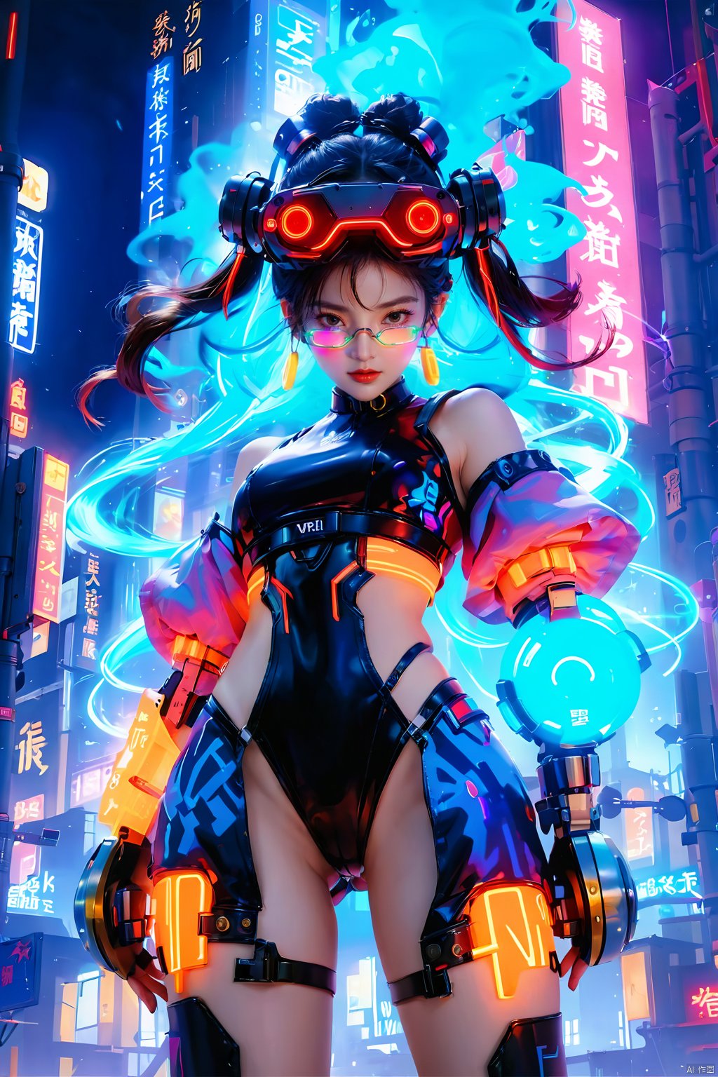 (masterpiece, best quality: 1.2) , 16K, 1girl, dynamic pose, VR,glasses,glowing clothing, multi-line light on body, multi-light clothing, glowing text on body, Mech, Precision Mechanical Structure, double meatball head, glowing metal hair bands, mechanical collars, metal bracelets, (girl pose: 1.2) , colored smoke, city blocks, cyberpunk city background, glow, neon lights, night