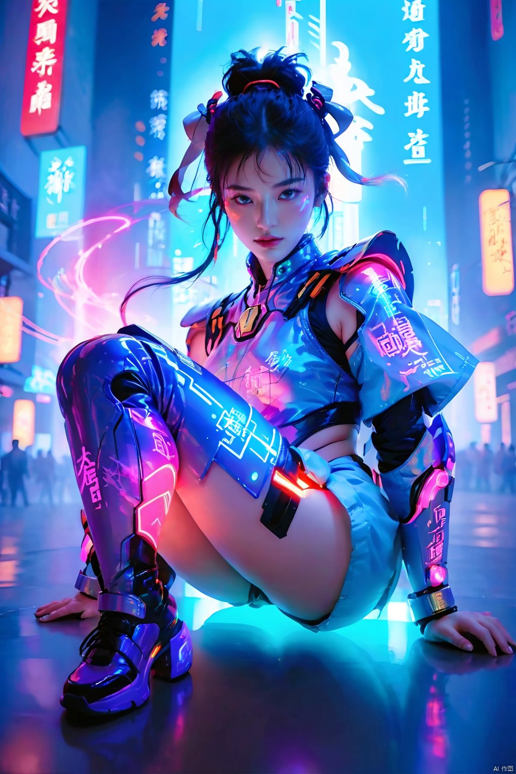  (masterpiece, best quality: 1.2) , 16K, horizontal image quality, future technology, 1girl, dynamic pose, glowing clothing, multi-line light on body, multi-light clothing, chinese Chun-Li in a cyberpunk-style mech suit, meatball head, (glowing electronic screen) , (electronic message flow: 1.3) , holographic projection, (glowing electronic screen on ARM: 1.2) , glowing text on thigh, (girl pose: 1.2) , glowing e-shoes, (body: 1.2) , colored smoke, city blocks, cyberpunk city background, glow, neon,