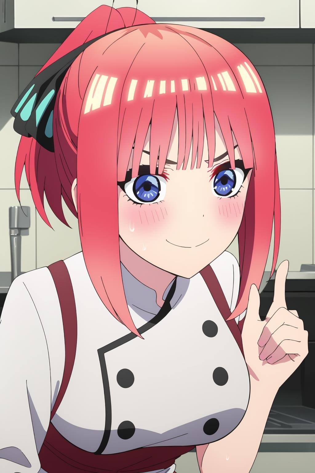 ((best quality)),((highly detailed)),masterpiece,absurdres,detailed face,beautiful face,(detailed eyes, deep eyes),1girl,((dynamic pose)) ,  <lora:NinoV1:0.8>Nino, pink hair, butterfly hair ornament, chef, bangs, blue eyes, hair ornament, apron, blunt bangs, kitchen, blush, ponytail, ribbon, black ribbon, smirk, looking at viewer, breasts, v-shaped eyebrows, sweatdrop, short hair, indoors, large breasts, hair ribbon, holding, medium hair, sidelocks,  eyebrows hidden by hair, twintails, solo, shiny hair, shiny, raised eyebrows, sweat