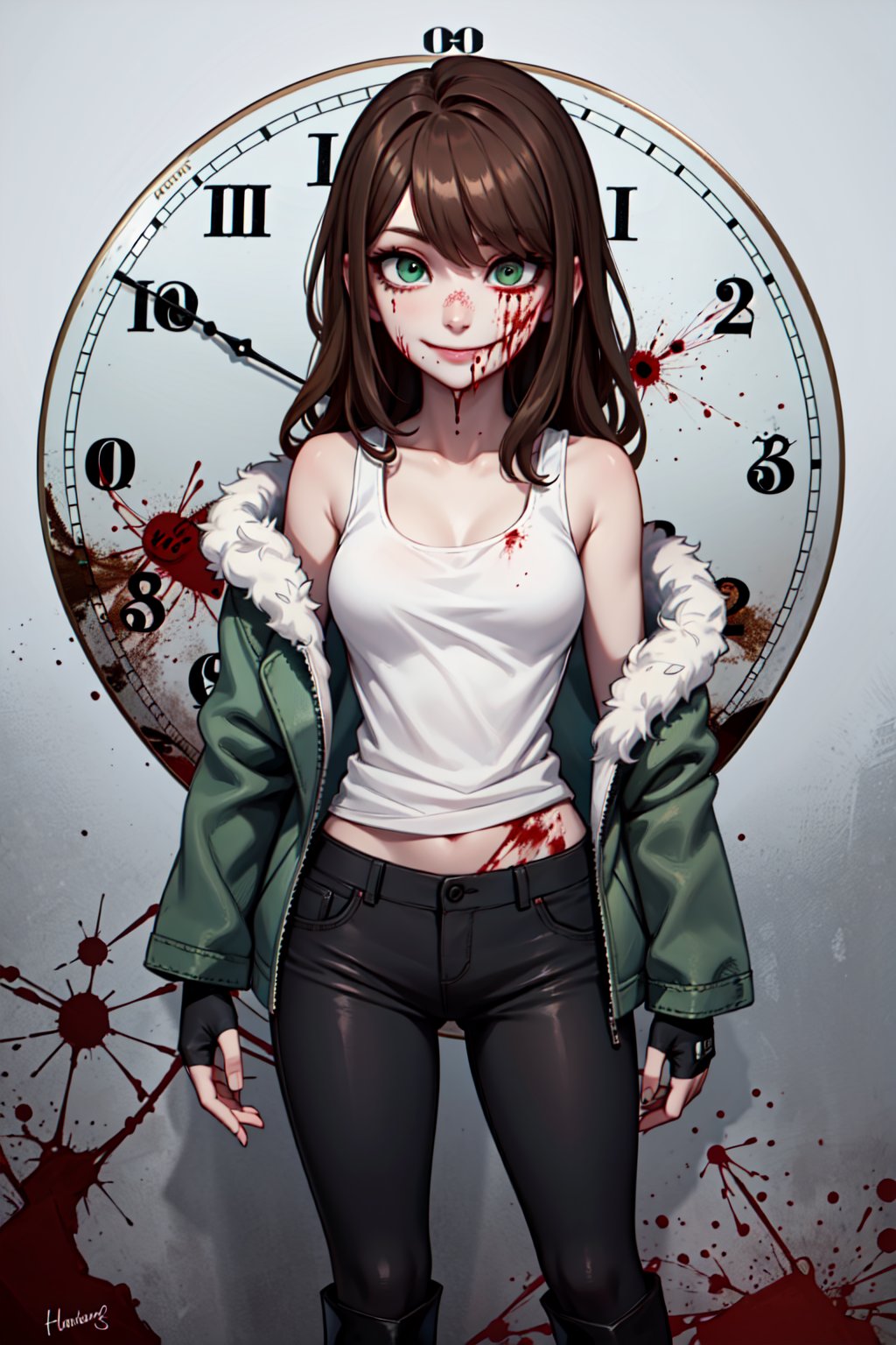 1girl, solo, Clockwork, brown hair, long hair,((clock in the eye), green eye, (white tank top)), evil smile, fur-trimmed jacket, green jacket, fingerless gloves, off shoulder, (stitches in the mouth, blood in the face), pale skin, black pants, black boots, standing)