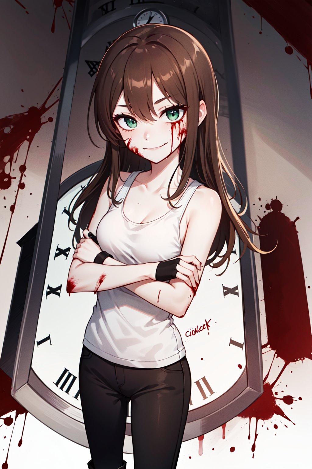 1girl, solo, Clockwork, brown hair, long hair,((clock in the eye), green eye, (white tank top)), evil smile, fingerless gloves, off shoulder, (stitches in the mouth, blood in the face), pale skin, black pants, black boots, standing,(crossing arms))