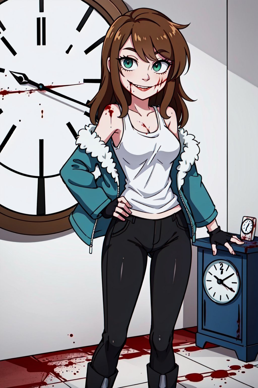1girl, solo, Clockwork, brown hair, long hair,((clock in the eye), green eye, (white tank top)), evil smile, fur-trimmed jacket, green jacket, fingerless gloves, off shoulder, (stitches in the mouth, blood in the face), pale skin, black pants, black boots, standing,crossing arms)