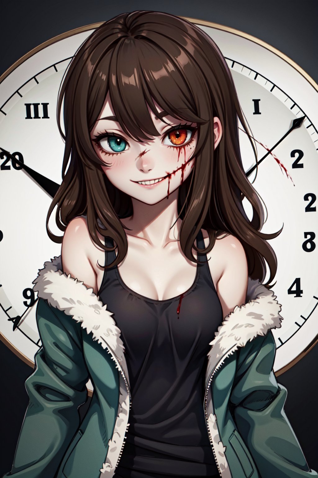 1girl, solo, Clockwork, brown hair, long hair, green eye, heterochromia,clock in the eye, tank top, clock, evil smile, fur-trimmed jacket, green jacket, fingerless gloves, off shoulder, stitches, pale skin,scar, blood