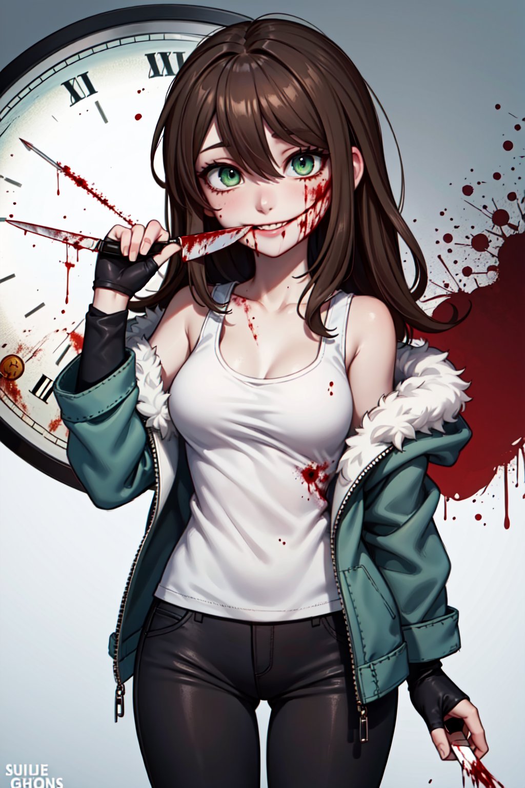 1girl, solo, Clockwork, brown hair, long hair,((clock in the eye), green eye, (white tank top)), evil smile, fur-trimmed jacket, green jacket, fingerless gloves, off shoulder, (stitches in the mouth, blood in the face), pale skin, black pants, black boots, standing,holding knife)