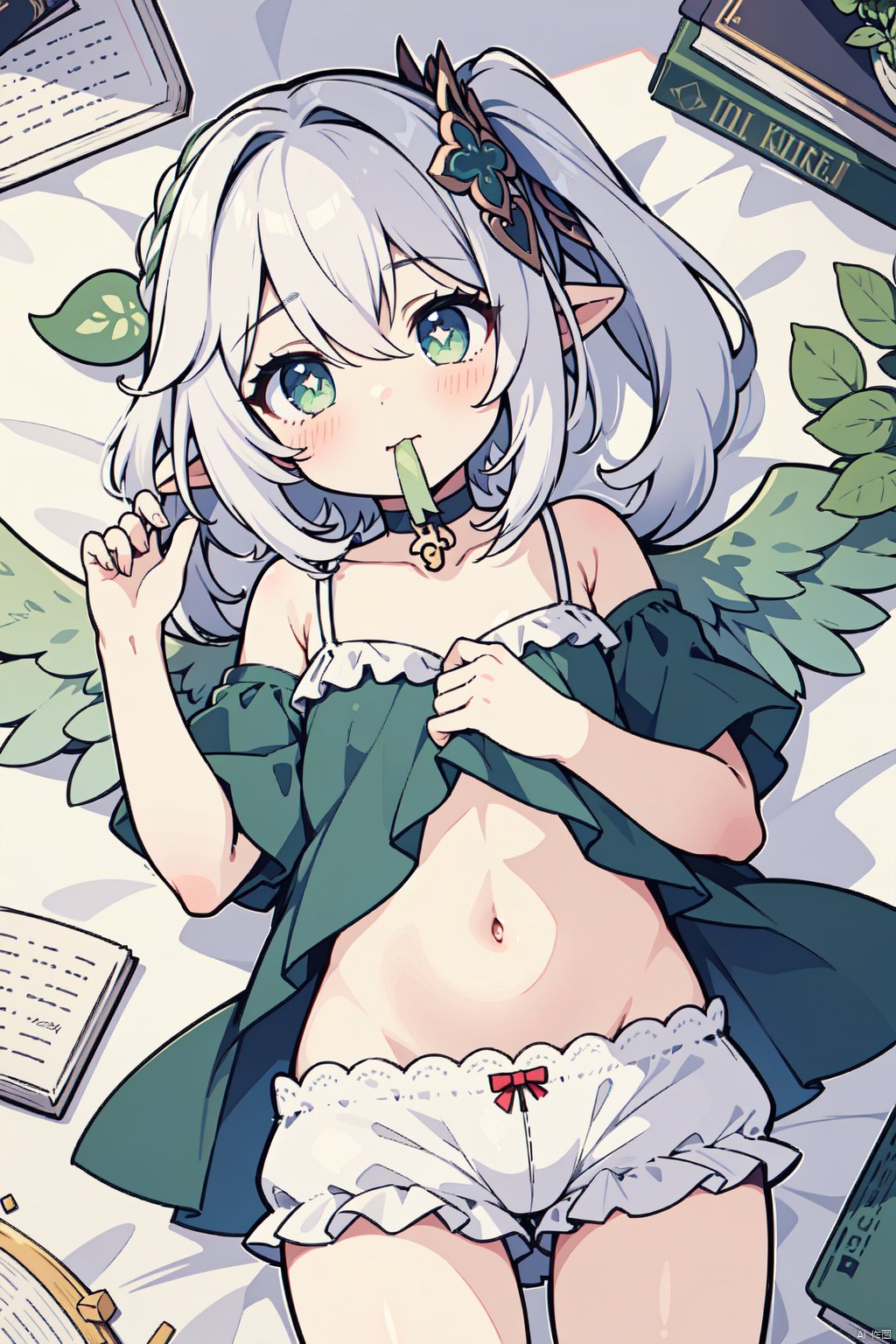  1girl, frilled shorts, lying, on back, solo, spaghetti strap, book, underwear, looking at viewer, red ribbon, bloomers, ribbon, mouth hold, navel, white bloomers, wings, white choker, choker, frills, bare shoulders, braid, bare arms, stomach, blush, ribbon in mouth, gem, on bed, babydoll, camisole, bed sheet, leaf hair ornament, frilled panties, collarbone, cage, key, green gemstone, white wings, thighs, nahida, cowboy shot, dutch angle, from above,for-all-knowledge-a-verse outfit