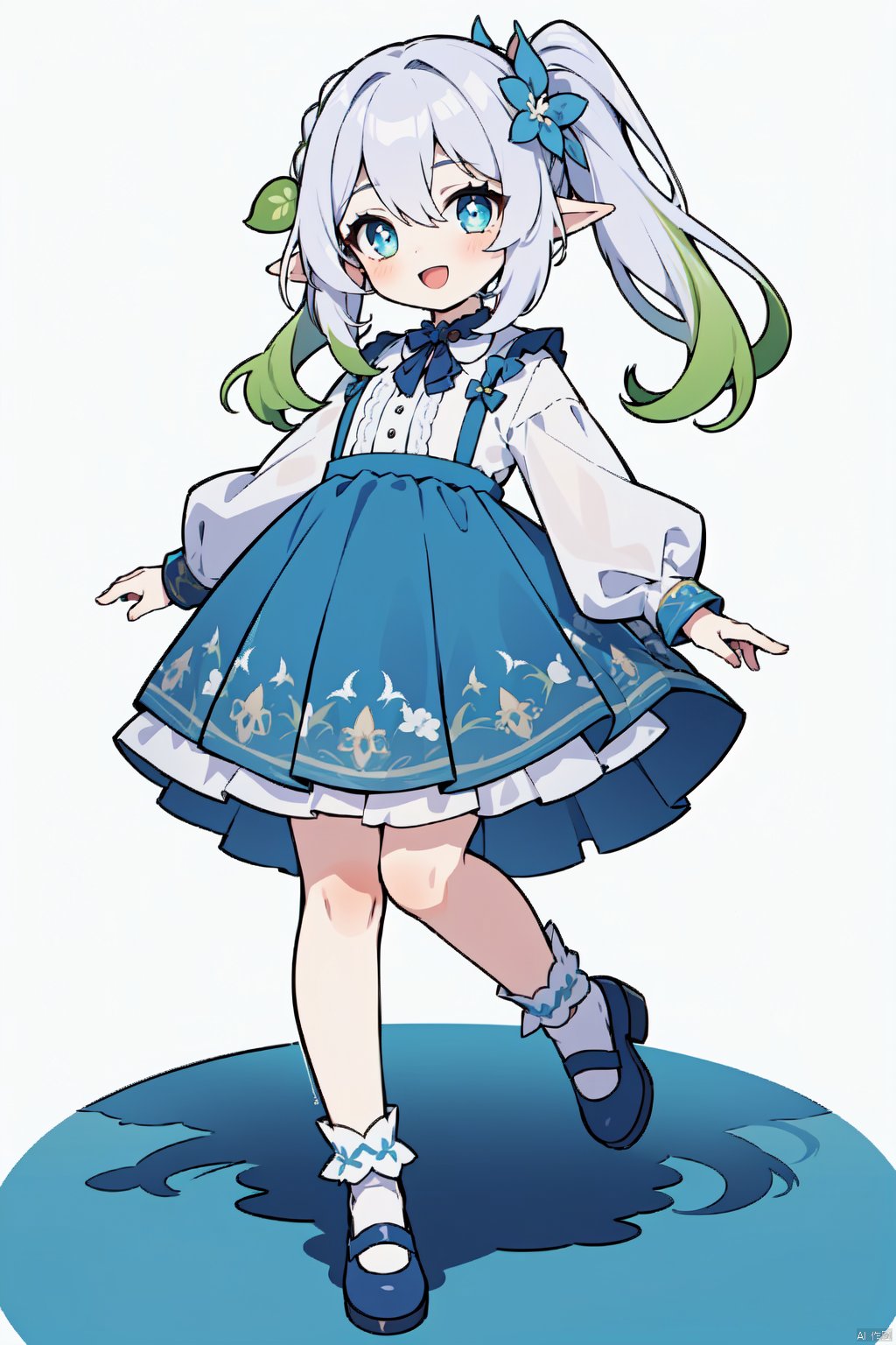  1girl, solo, dress, smile, braid, long sleeves, white background, shoes, looking at viewer, simple background, full body, white dress, socks, :d, flower, white socks, puffy sleeves, nahida, messy hair, blue and white dress, blue shoes, standing