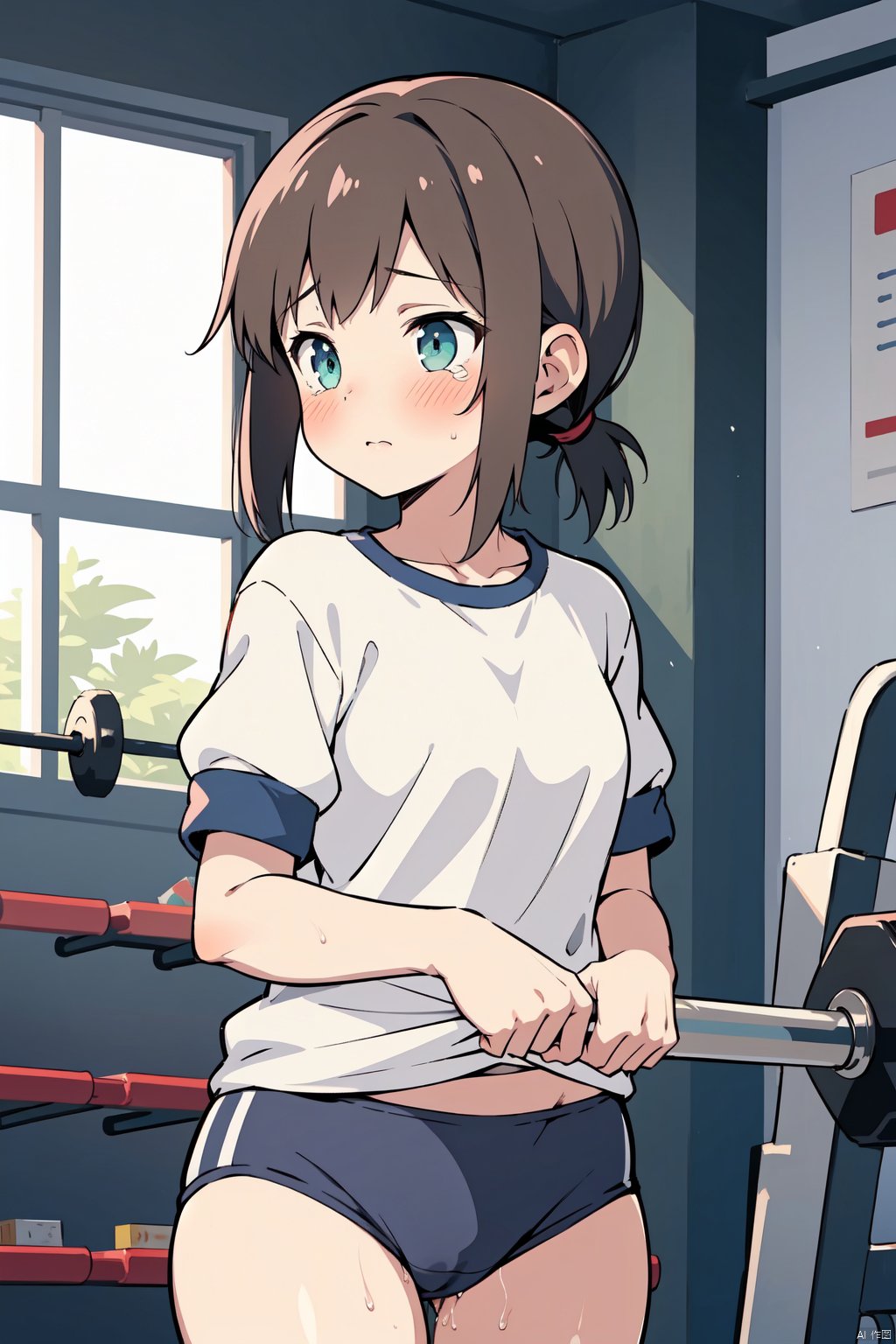  wetting, 1girl, solo, underwear, panties, fubuki \(kancolle\), tears, shirt, holding clothes, white shirt, sidelocks, short ponytail, gym shirt, blush, ponytail, gym uniform, brown hair, low ponytail, holding, short sleeves