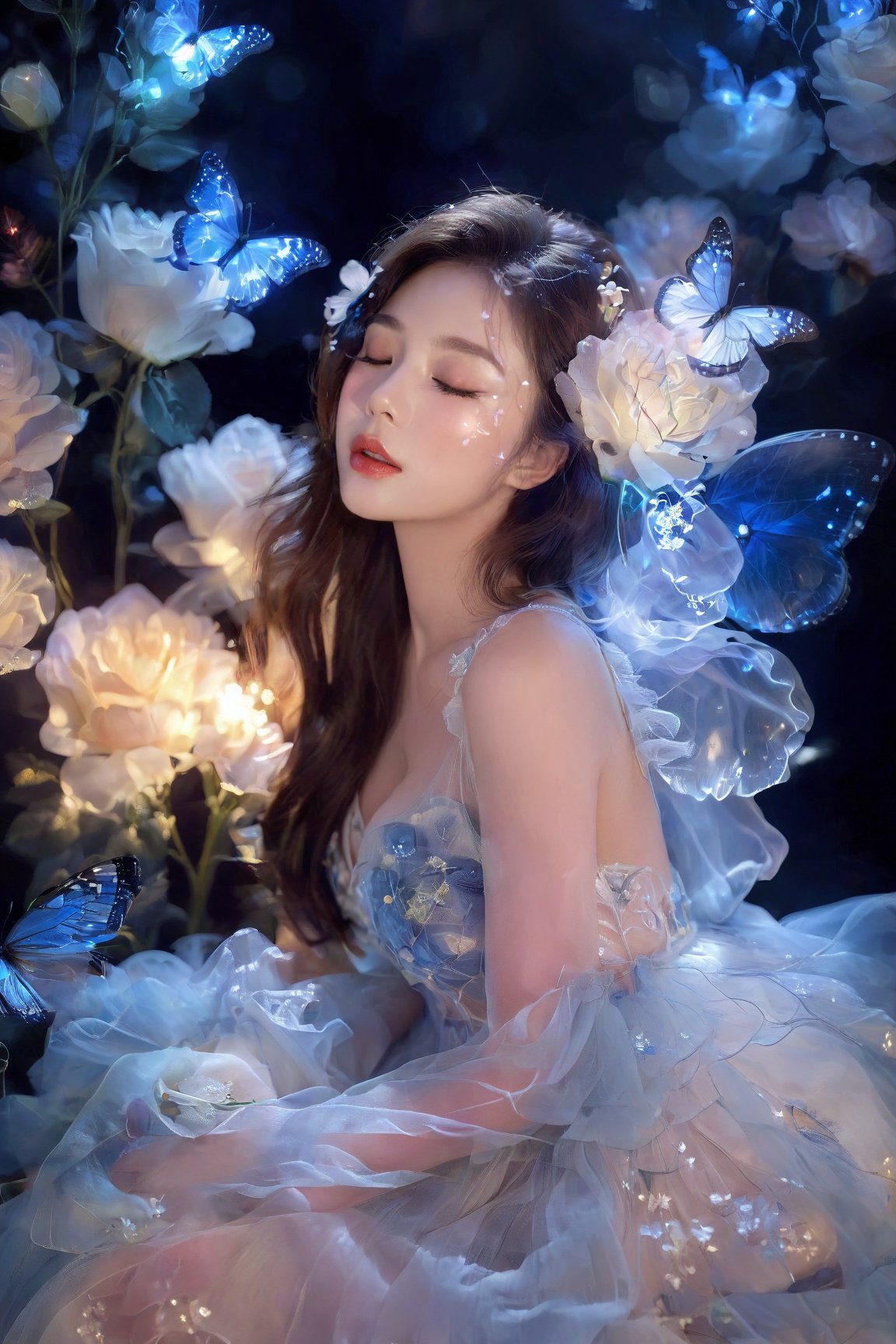 1girl, solo, long hair, brown hair, black hair, dress, closed eyes, flower, blue dress, blue flower, lips, see-through, makeup, sleeveless dress, white flower, lipstick, butterfly, particles light<lora:EMS-310343-EMS:0.800000>