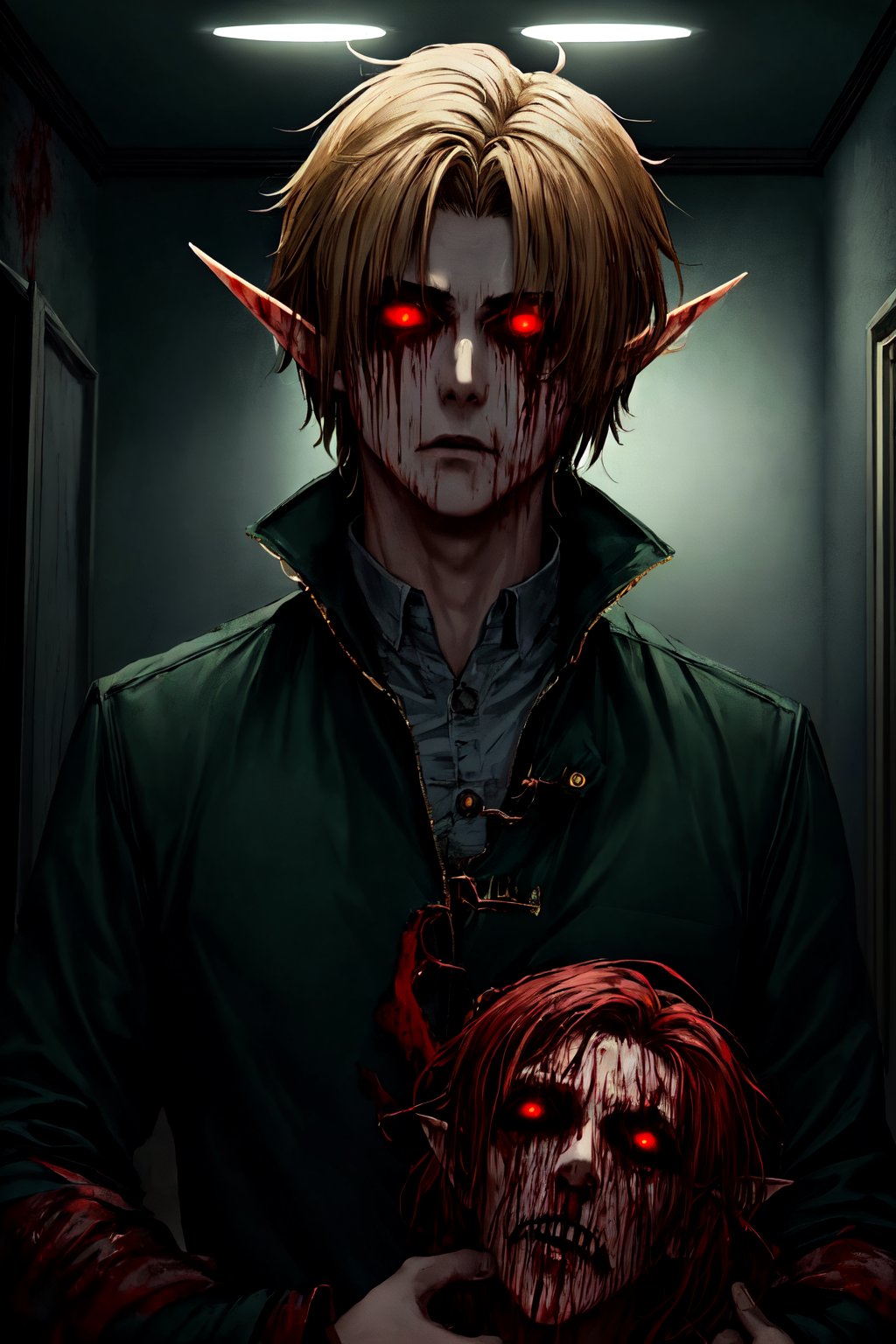 masterpiece, high_resolution, high_detailed, 1boy, elf_ears, blonde, black_sclera, red_eyes, blood_from_eyes, sad_face, green coat, creepy, bloody room, dark atmosphere,ben_drowned,CarnageStyle