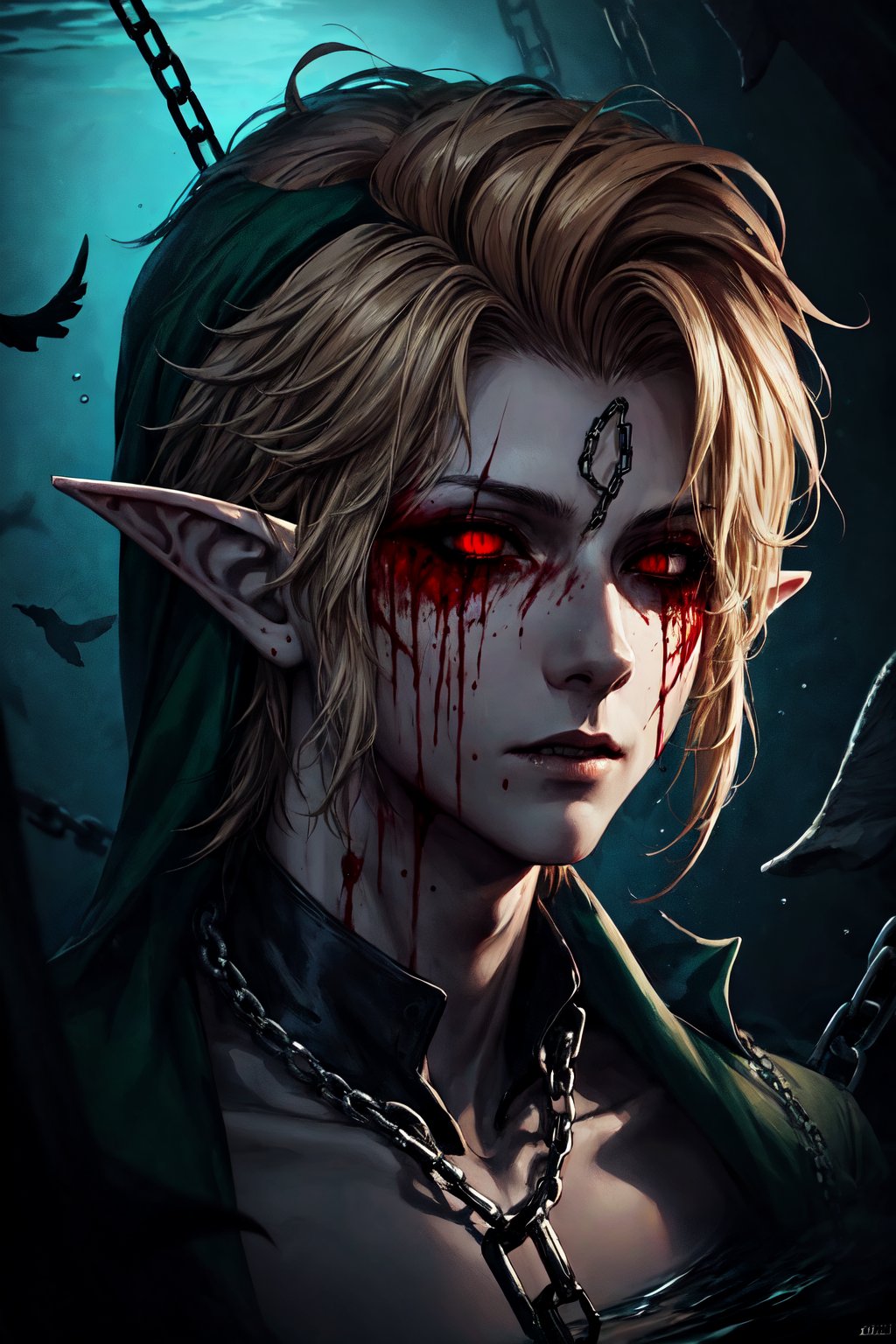 masterpiece, high_resolution, high_detailed, portrait, 1boy, link, elf_ears, blonde, black_sclera, red_eyes, blood_from_eyes, psycho face, sumerged room, underwater, chains, dark atmosphere,ben_drowned,fantasy00d