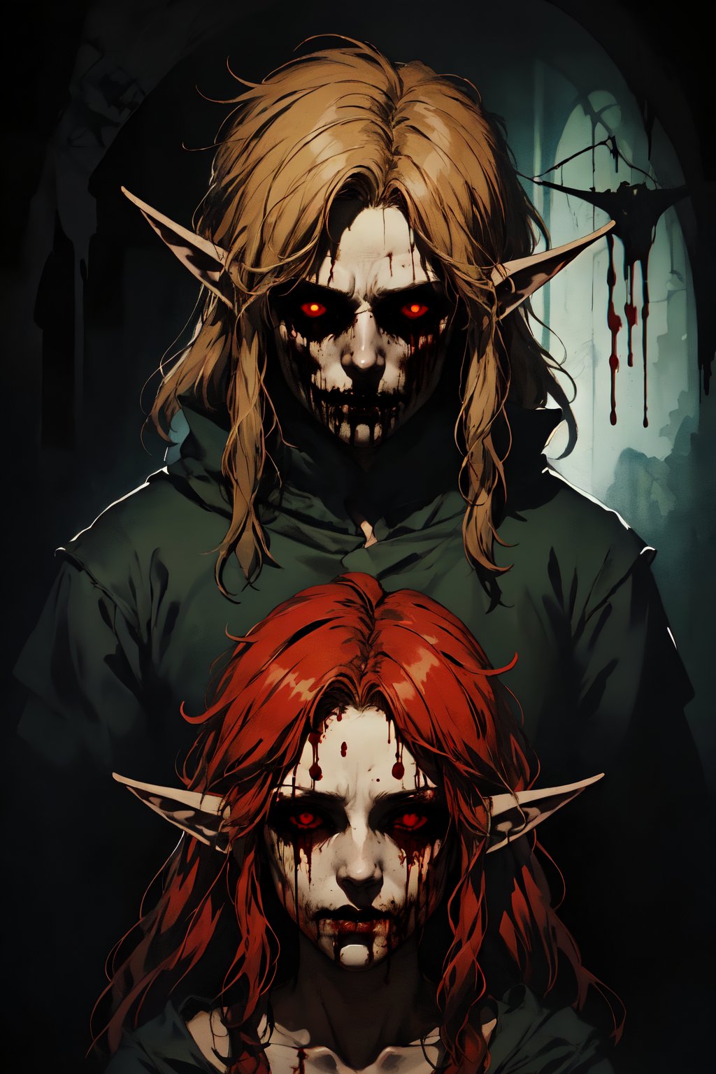 masterpiece, high_resolution, high_detailed, portrait, link, elf_ears, blonde, black_sclera, red_eyes, blood_from_eyes, sad_face, creepy, sumerged room, dark atmosphere,ben_drowned,nodf_lora