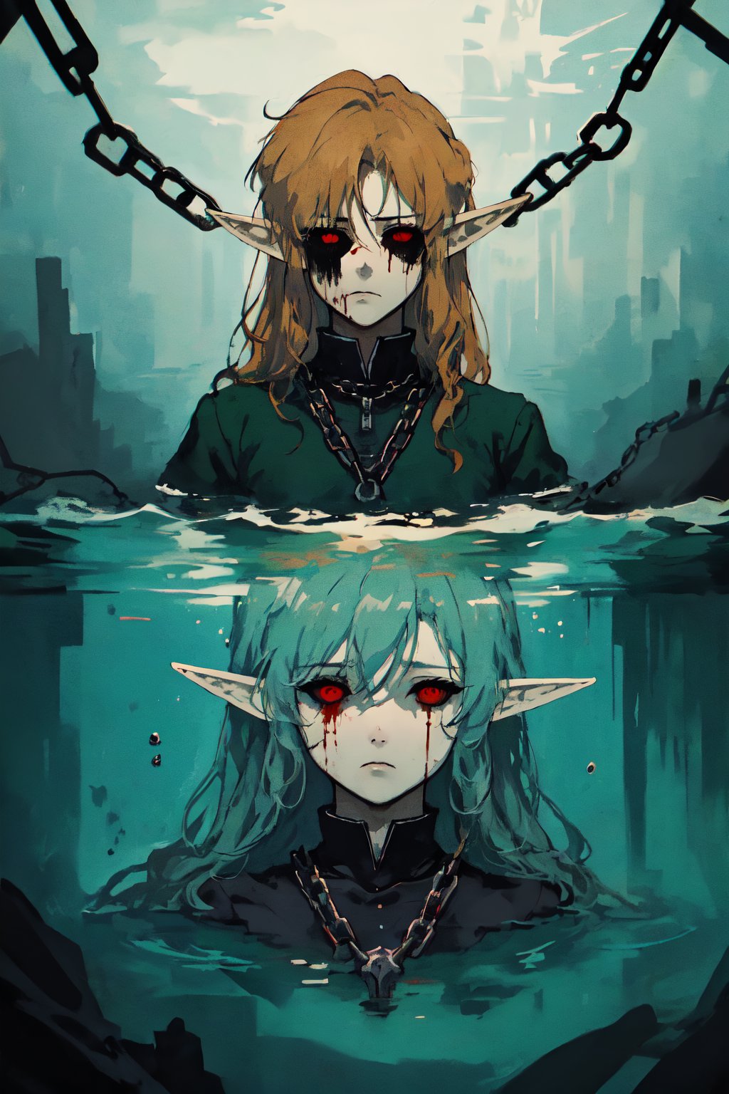 masterpiece, high_resolution, high_detailed, portrait, link, elf_ears, blonde, black_sclera, red_eyes, blood_from_eyes, sad_face, sumerged room, underwater, chains, dark atmosphere,ben_drowned,nodf_lora