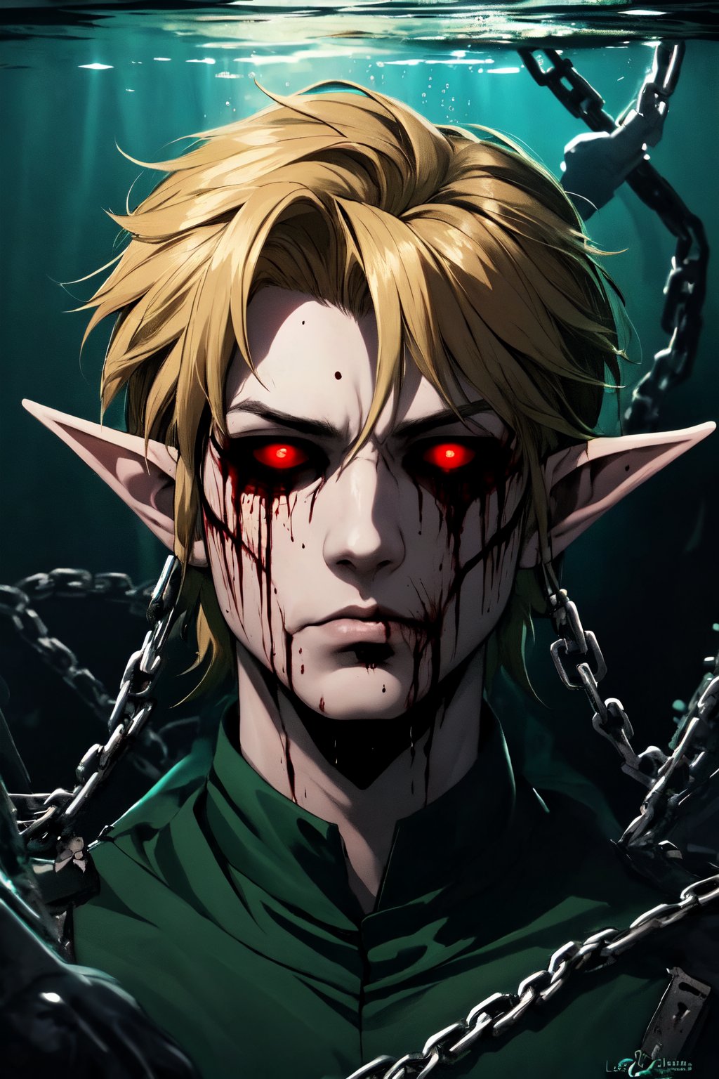 masterpiece, high_resolution, high_detailed, portrait, 1boy, link, elf_ears, blonde, black_sclera, red_eyes, blood_from_eyes, green clothes, sad_face, sumerged room, underwater, chains, dark atmosphere,ben_drowned,fantasy00d,manga panel